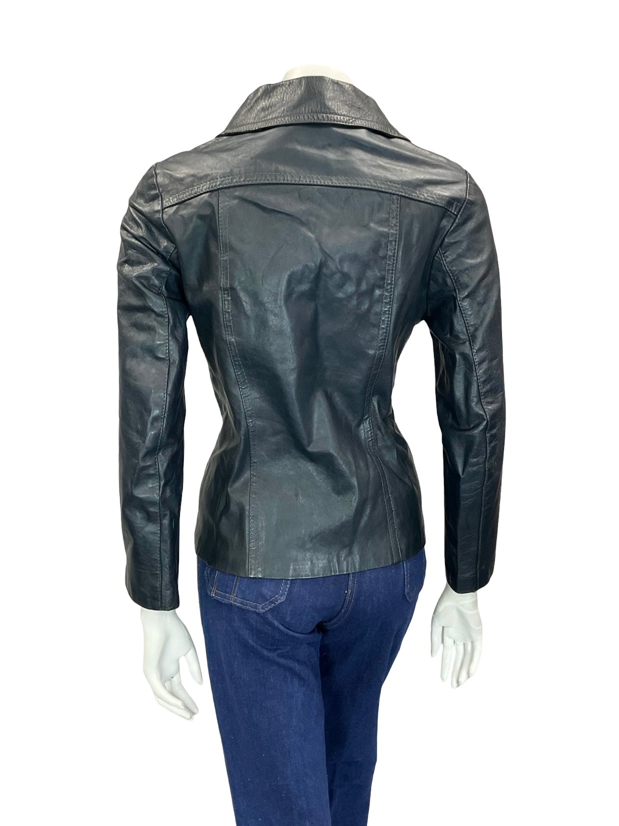 VTG 60S 70S DARK NAVY BLUE DOG EAR COLLAR SHORT LEATHER JACKET W POCKETS 8