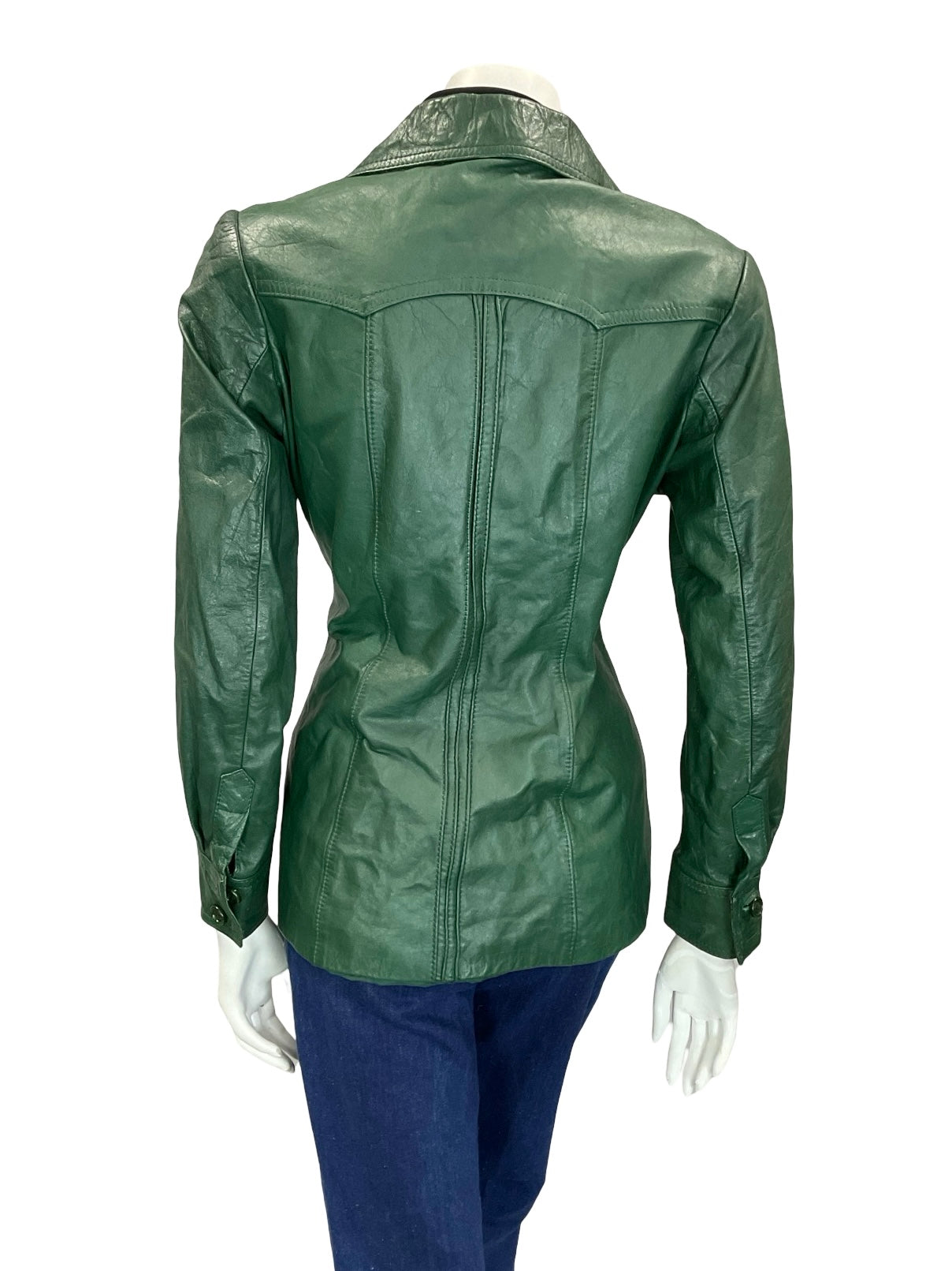 VTG 60S 70S FOREST GREEN DAGGER COLLAR BUTTON DOWN LEATHER JACKET 12 W POCKETS