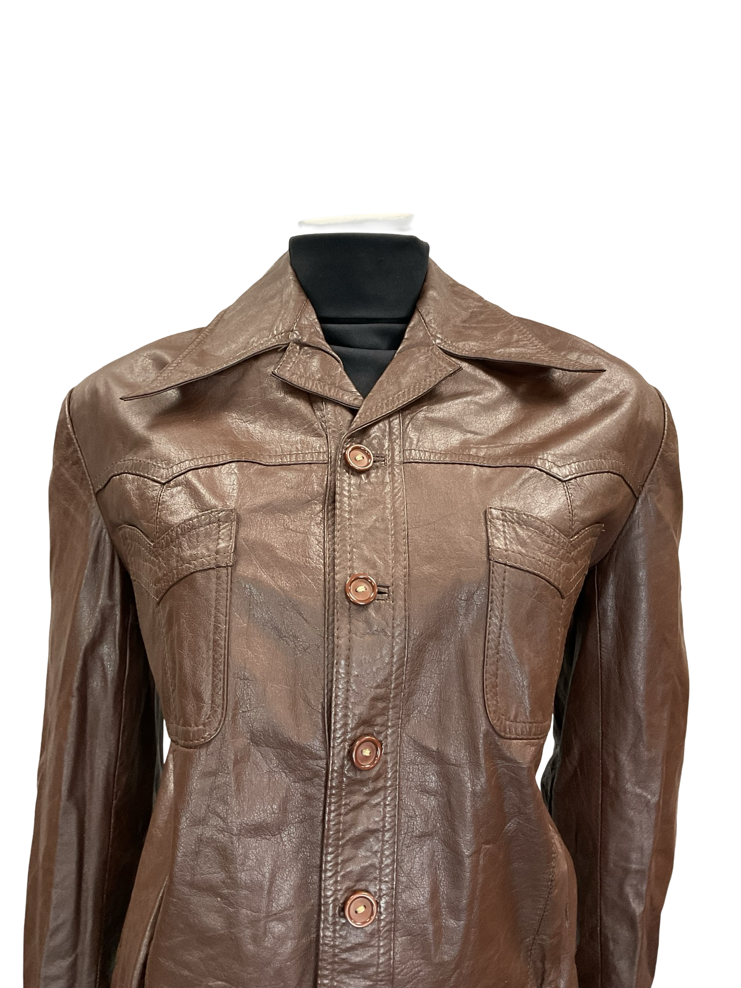 VTG 60S 70S MAHOGANY BROWN LEATHER DAGGER COLLAR ELASTICATED WAIST JACKET 16 L
