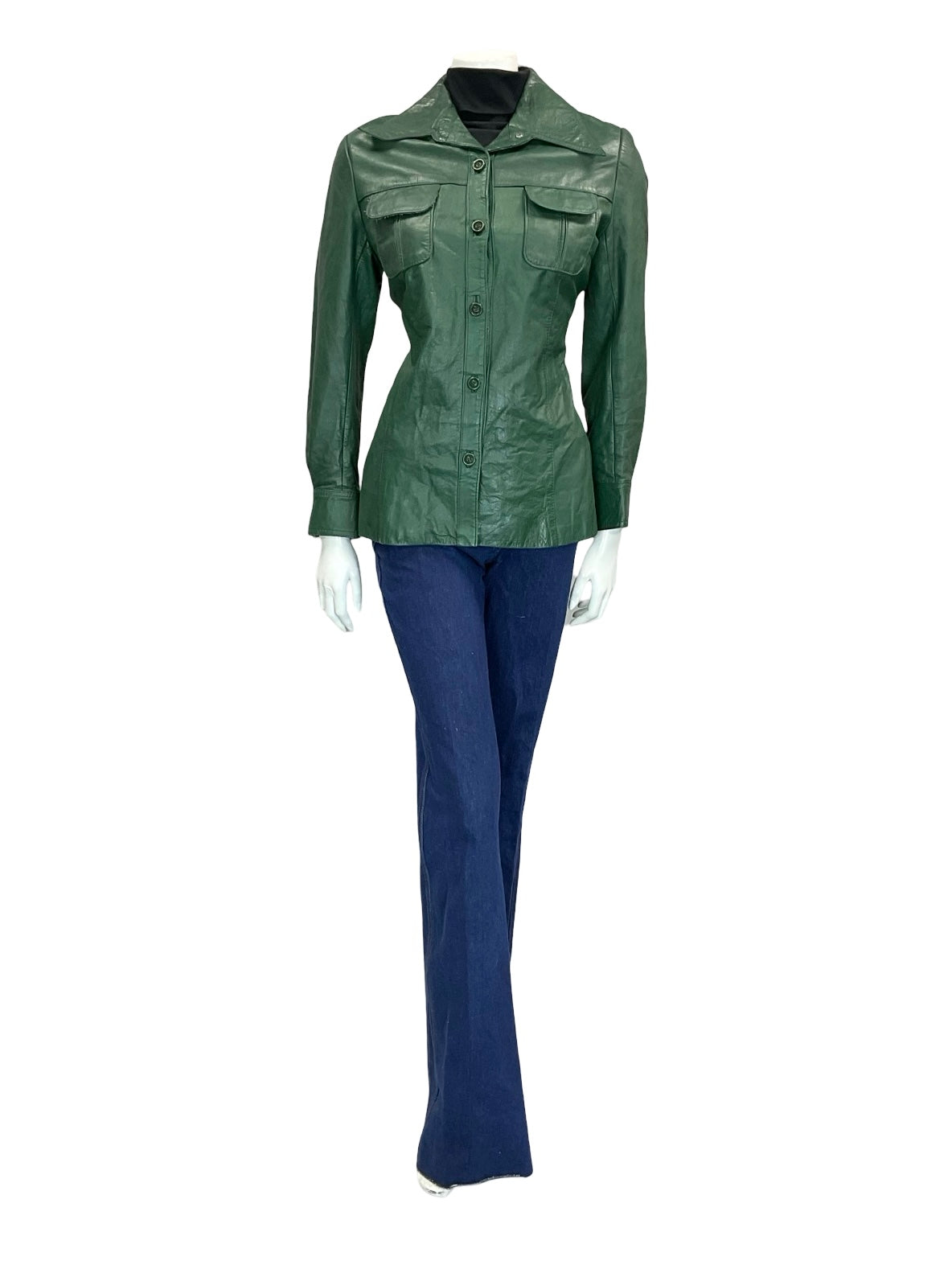 VTG 60S 70S FOREST GREEN DAGGER COLLAR BUTTON DOWN LEATHER JACKET 12 W POCKETS