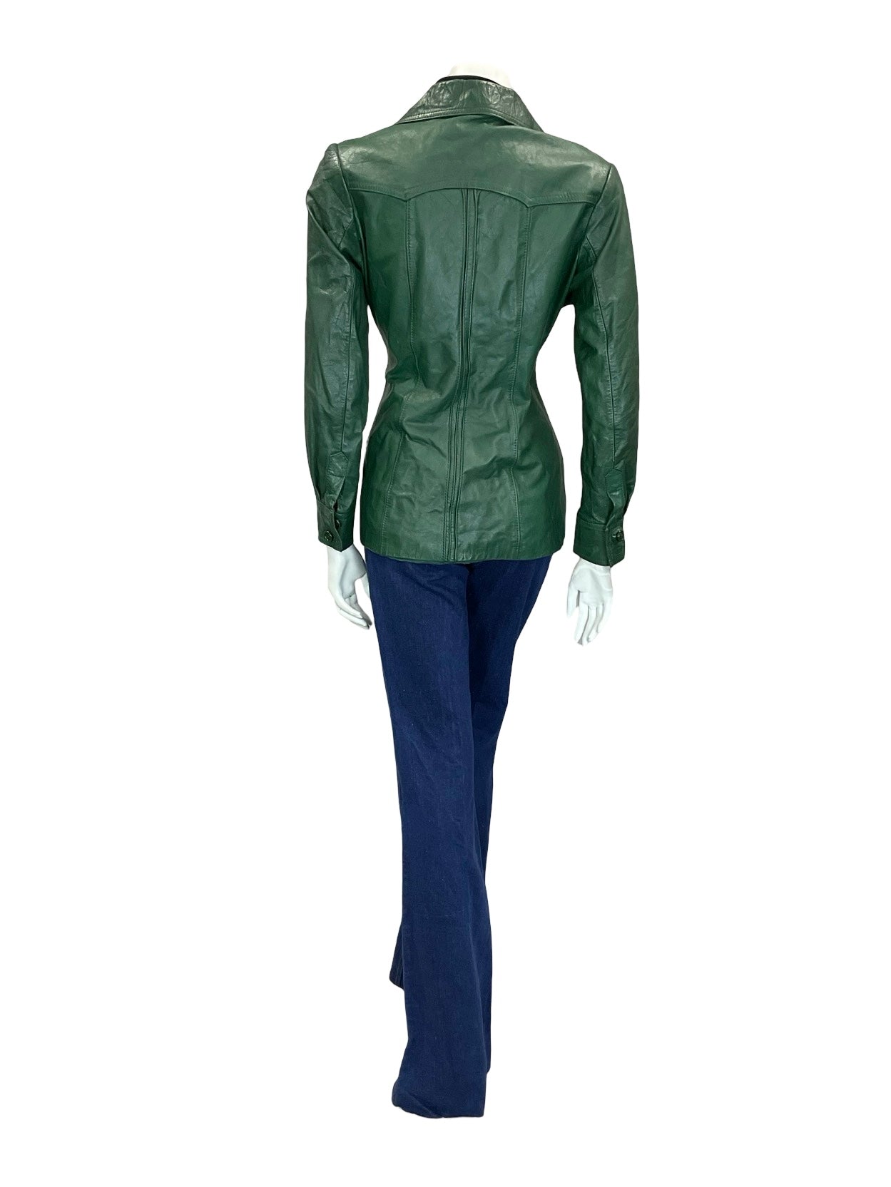 VTG 60S 70S FOREST GREEN DAGGER COLLAR BUTTON DOWN LEATHER JACKET 12 W POCKETS