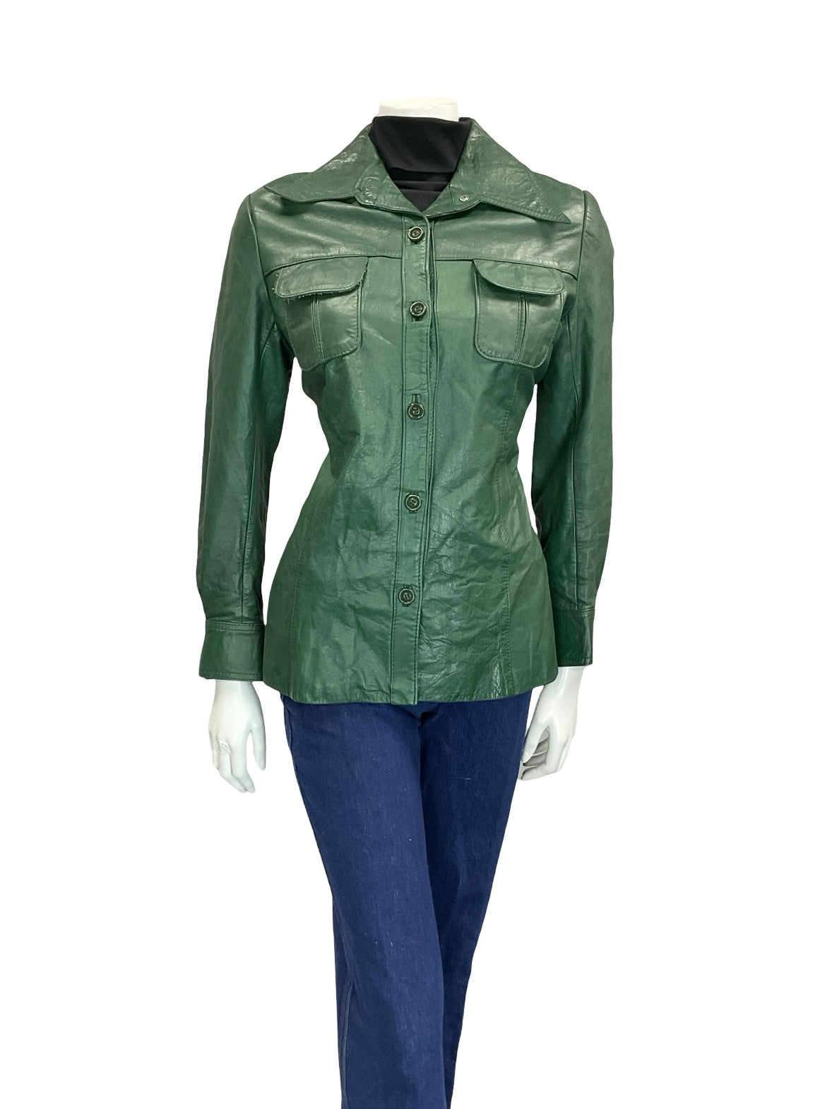 VTG 60S 70S FOREST GREEN DAGGER COLLAR BUTTON DOWN LEATHER JACKET 12 W POCKETS