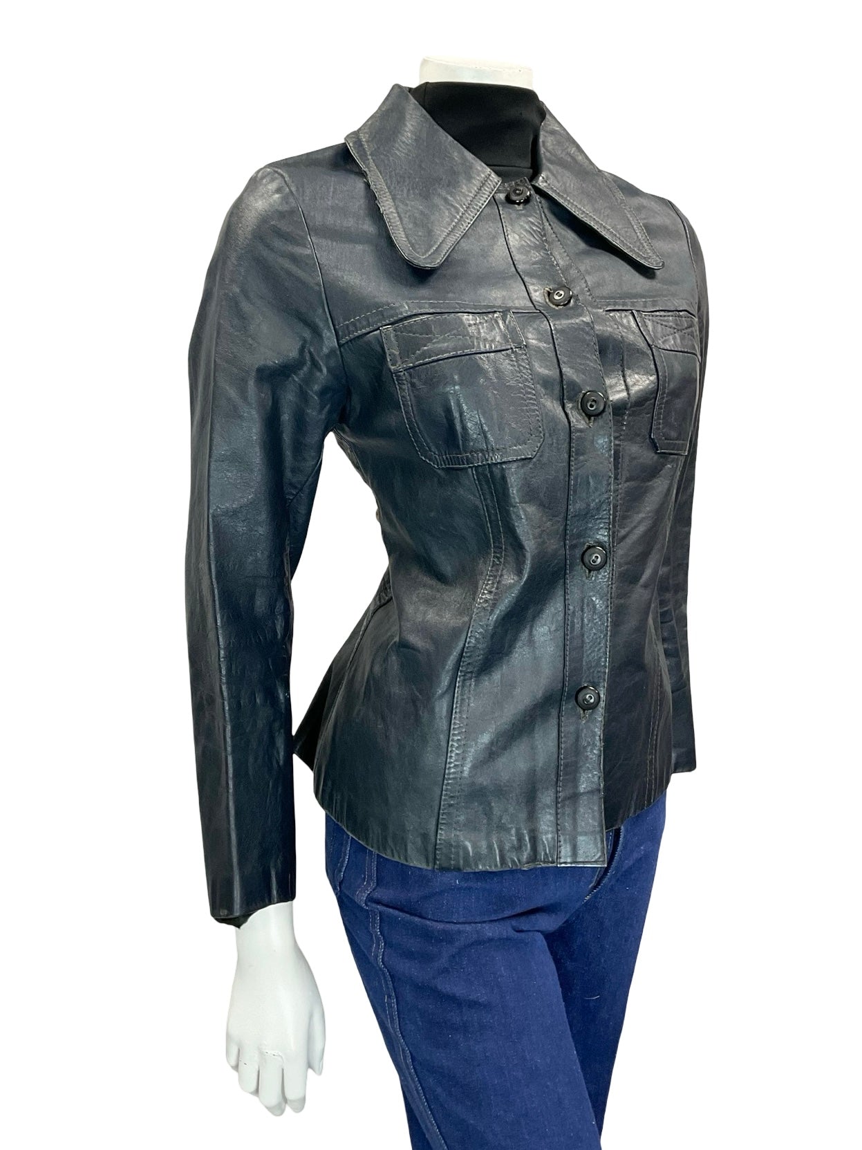 VTG 60S 70S DARK NAVY BLUE DOG EAR COLLAR SHORT LEATHER JACKET W POCKETS 8