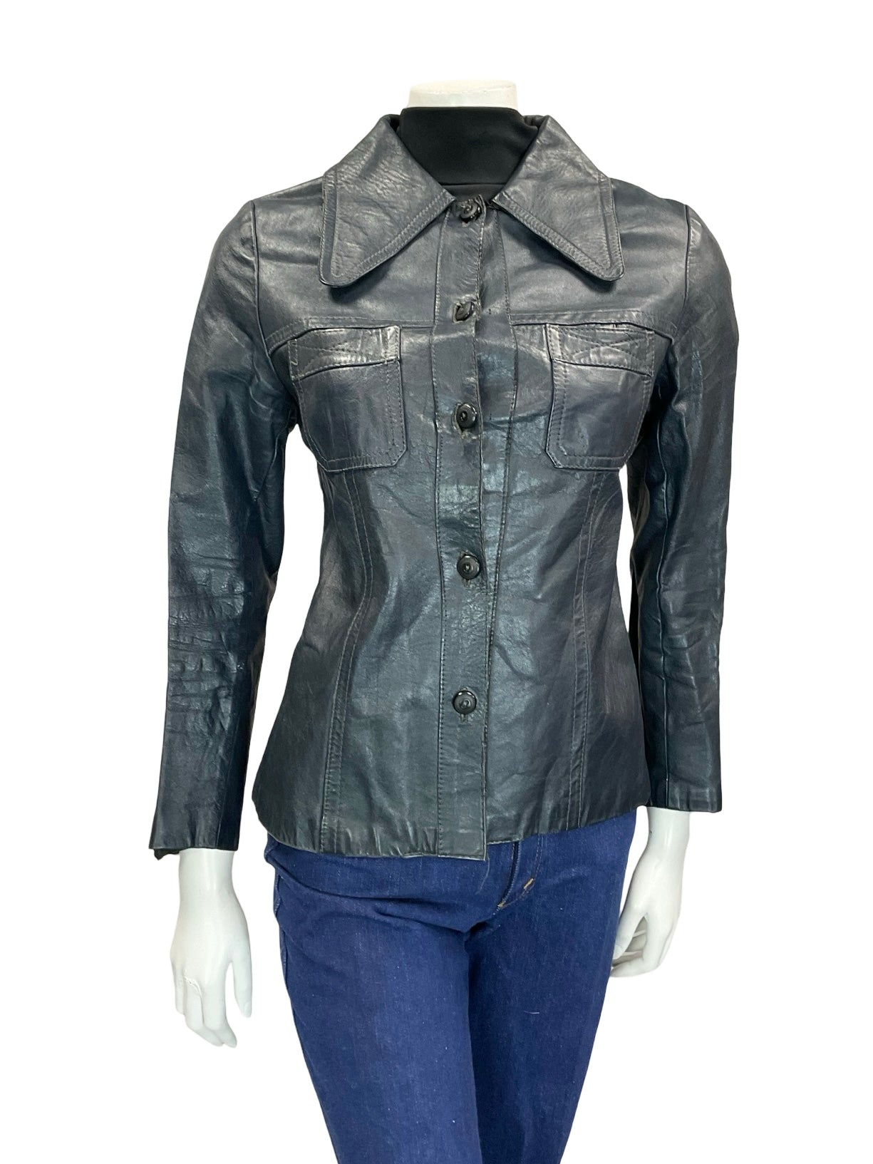 VTG 60S 70S DARK NAVY BLUE DOG EAR COLLAR SHORT LEATHER JACKET W POCKETS 8