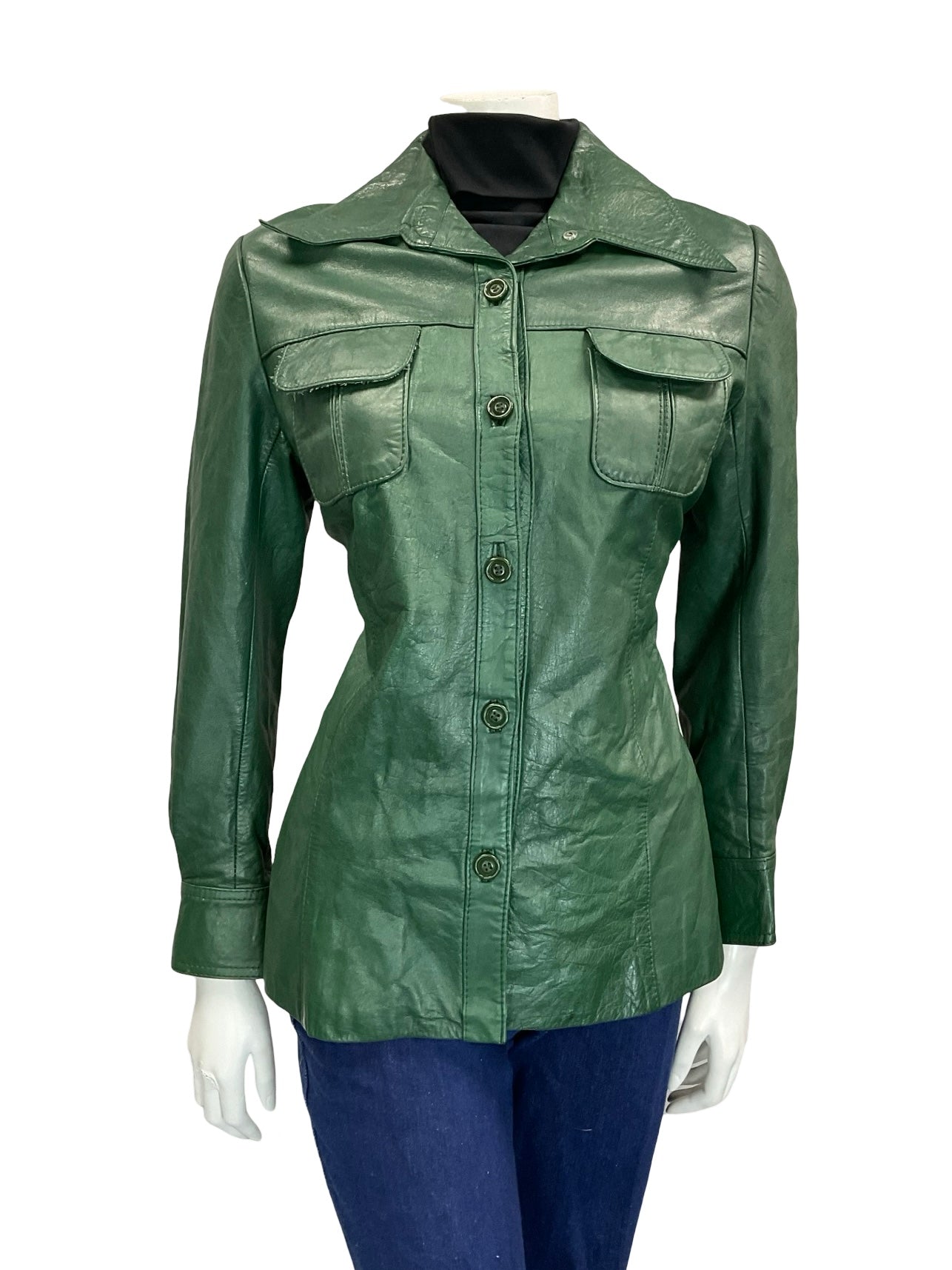 VTG 60S 70S FOREST GREEN DAGGER COLLAR BUTTON DOWN LEATHER JACKET 12 W POCKETS