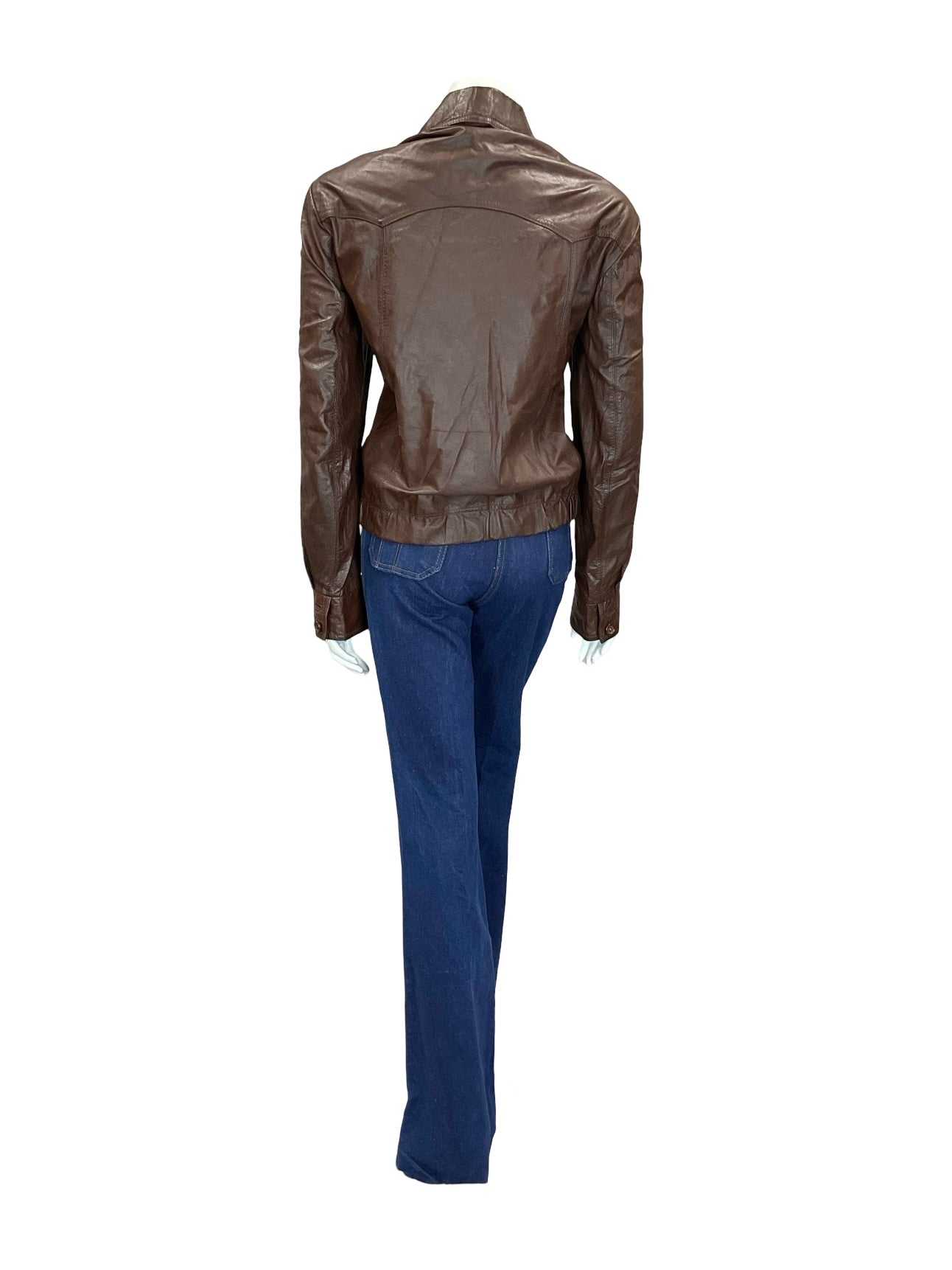 VTG 60S 70S MAHOGANY BROWN LEATHER DAGGER COLLAR ELASTICATED WAIST JACKET 16 L