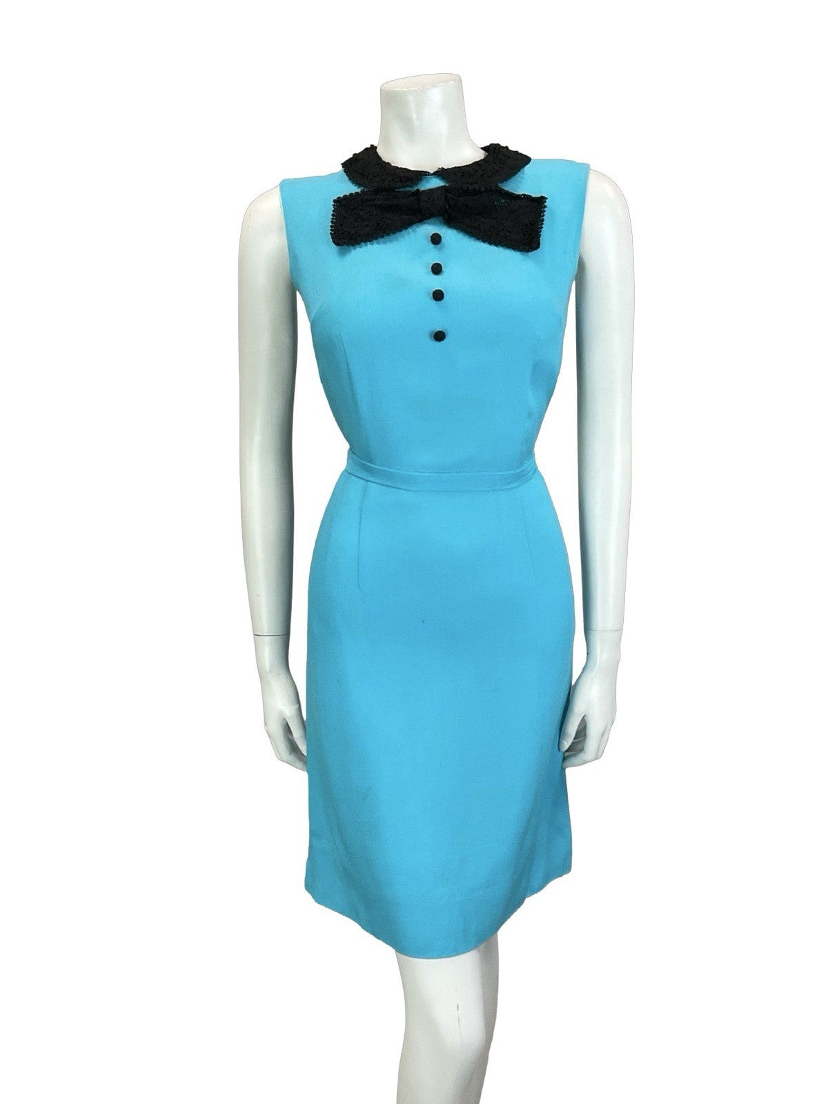 VTG 60S BRIGHT BLUE BLACK LACE BOW MOD TIE WAIST WIGGLE SLEEVELESS DRESS 8