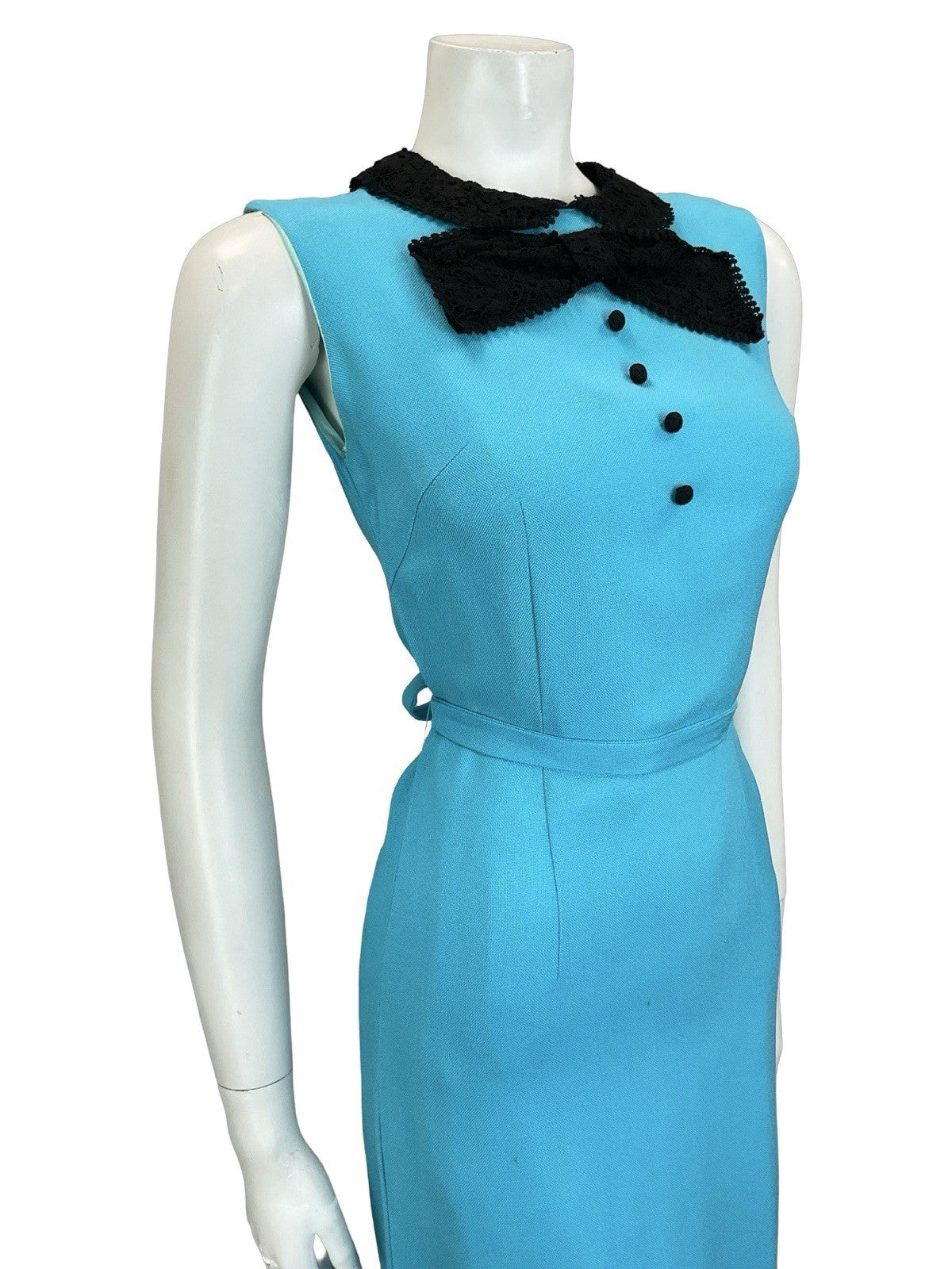VTG 60S BRIGHT BLUE BLACK LACE BOW MOD TIE WAIST WIGGLE SLEEVELESS DRESS 8