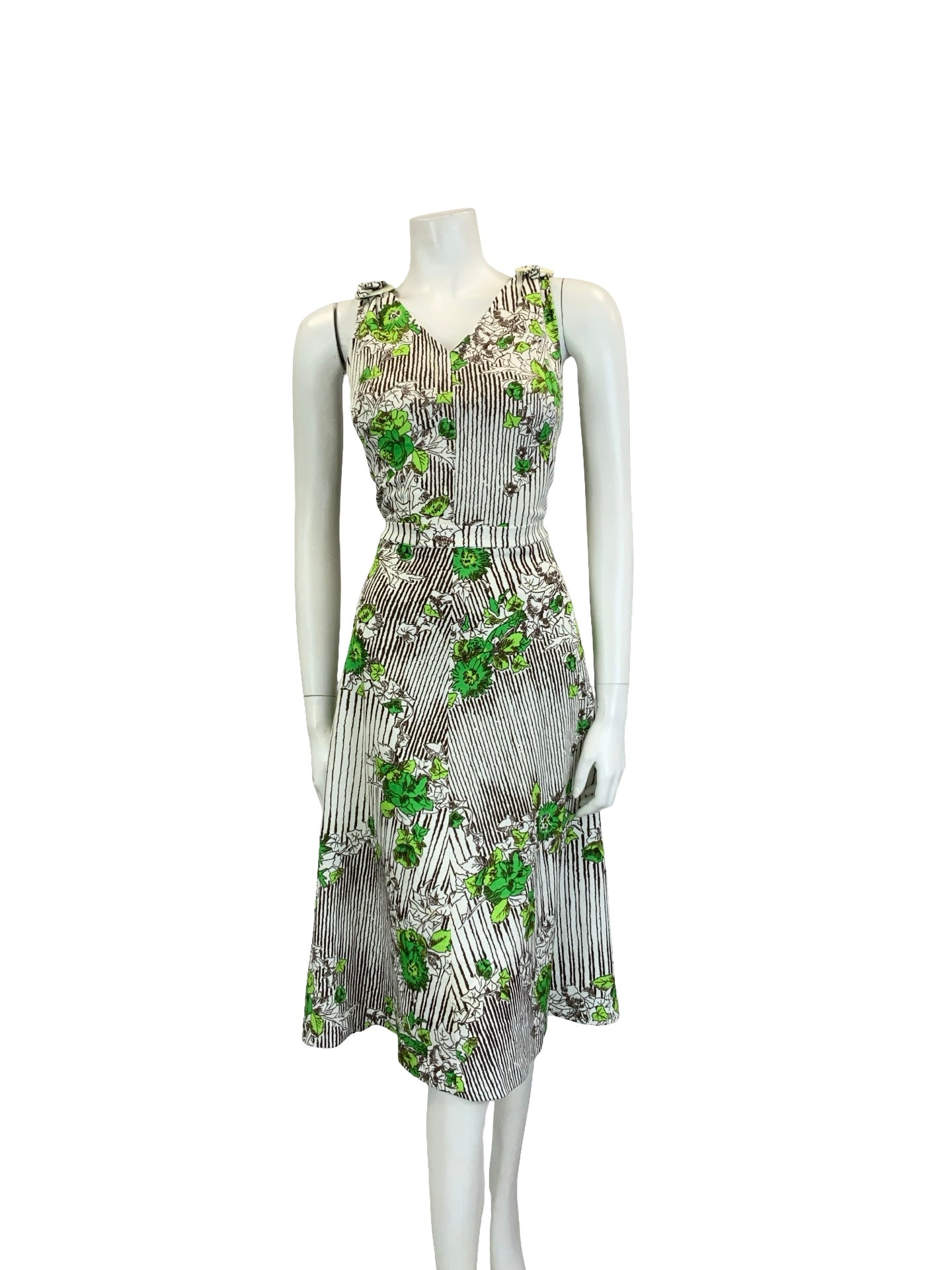 VTG 60S 70S WHITE BROWN GREEN STRIPE FLORAL IVY LEAFY TIE WAIST MIDI DRESS 10 12