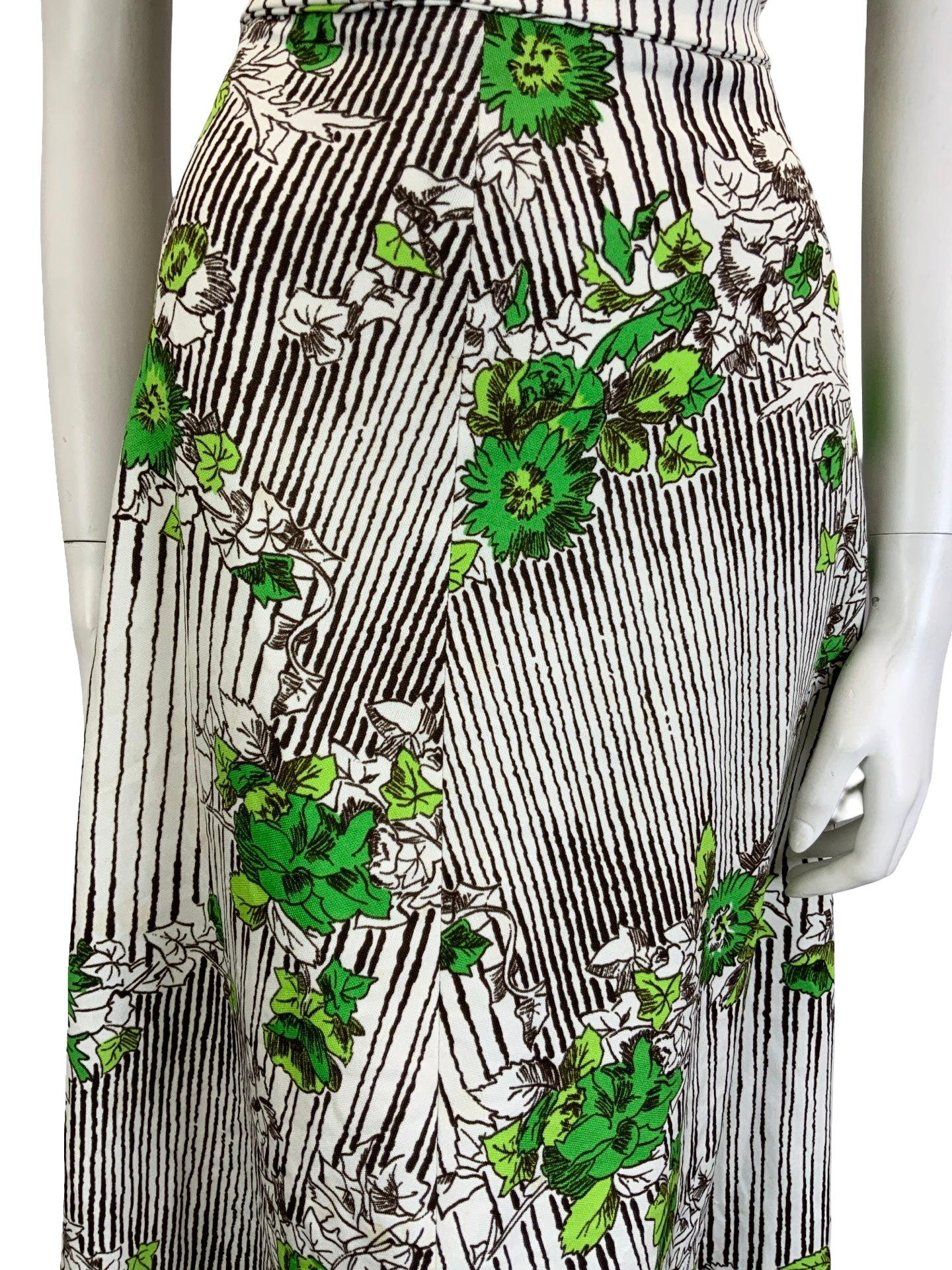 VTG 60S 70S WHITE BROWN GREEN STRIPE FLORAL IVY LEAFY TIE WAIST MIDI DRESS 10 12