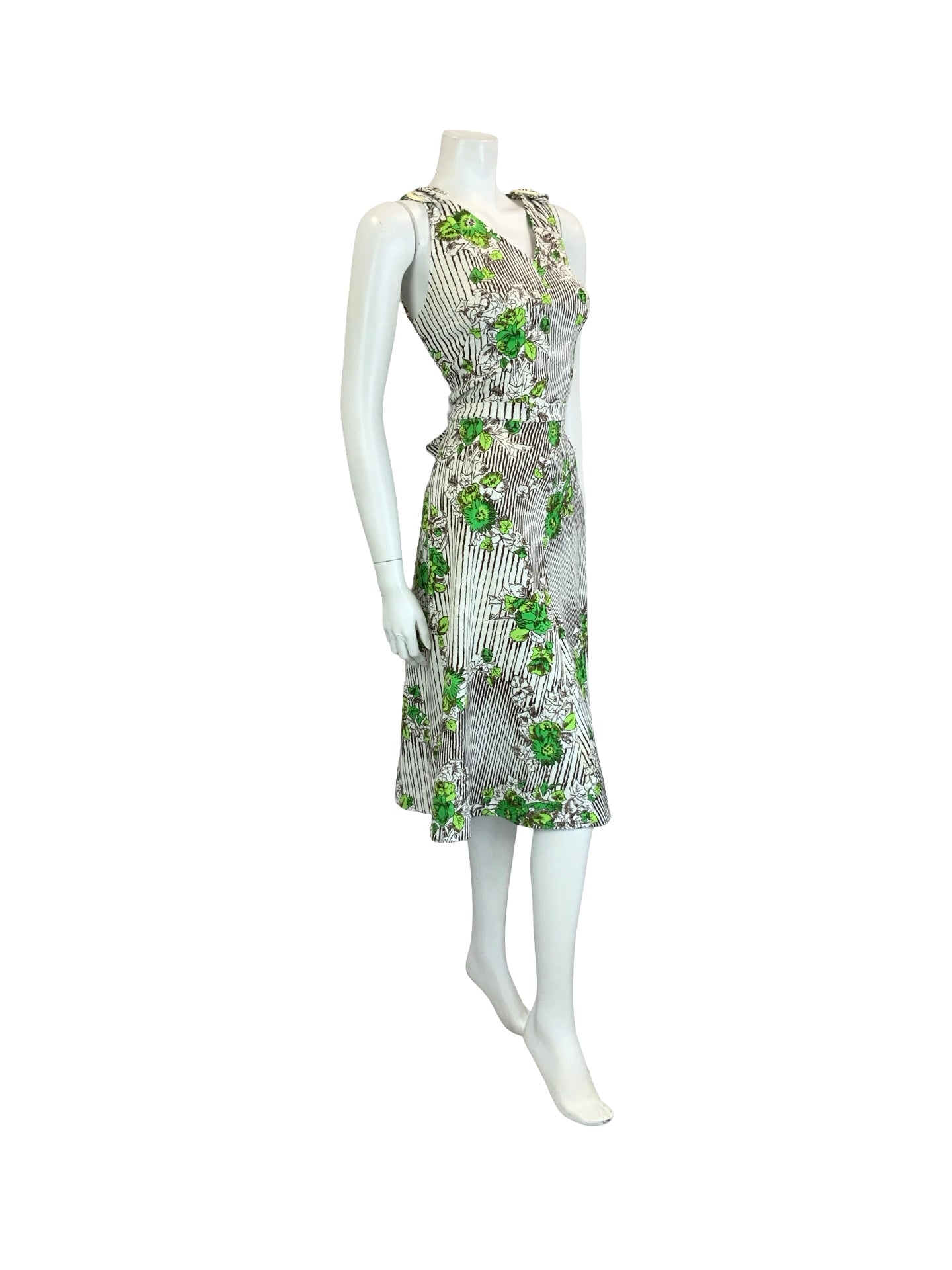 VTG 60S 70S WHITE BROWN GREEN STRIPE FLORAL IVY LEAFY TIE WAIST MIDI DRESS 10 12