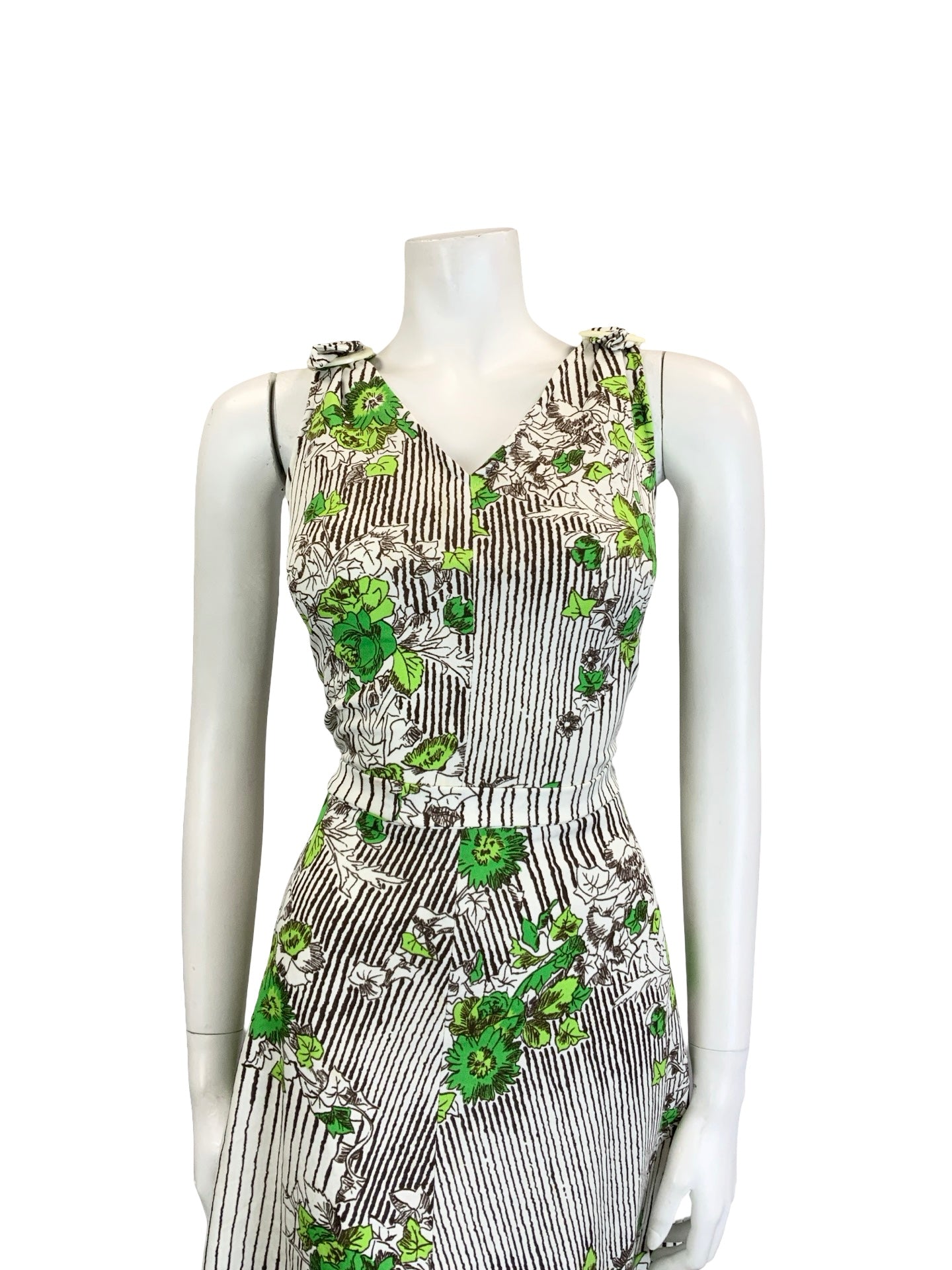 VTG 60S 70S WHITE BROWN GREEN STRIPE FLORAL IVY LEAFY TIE WAIST MIDI DRESS 10 12