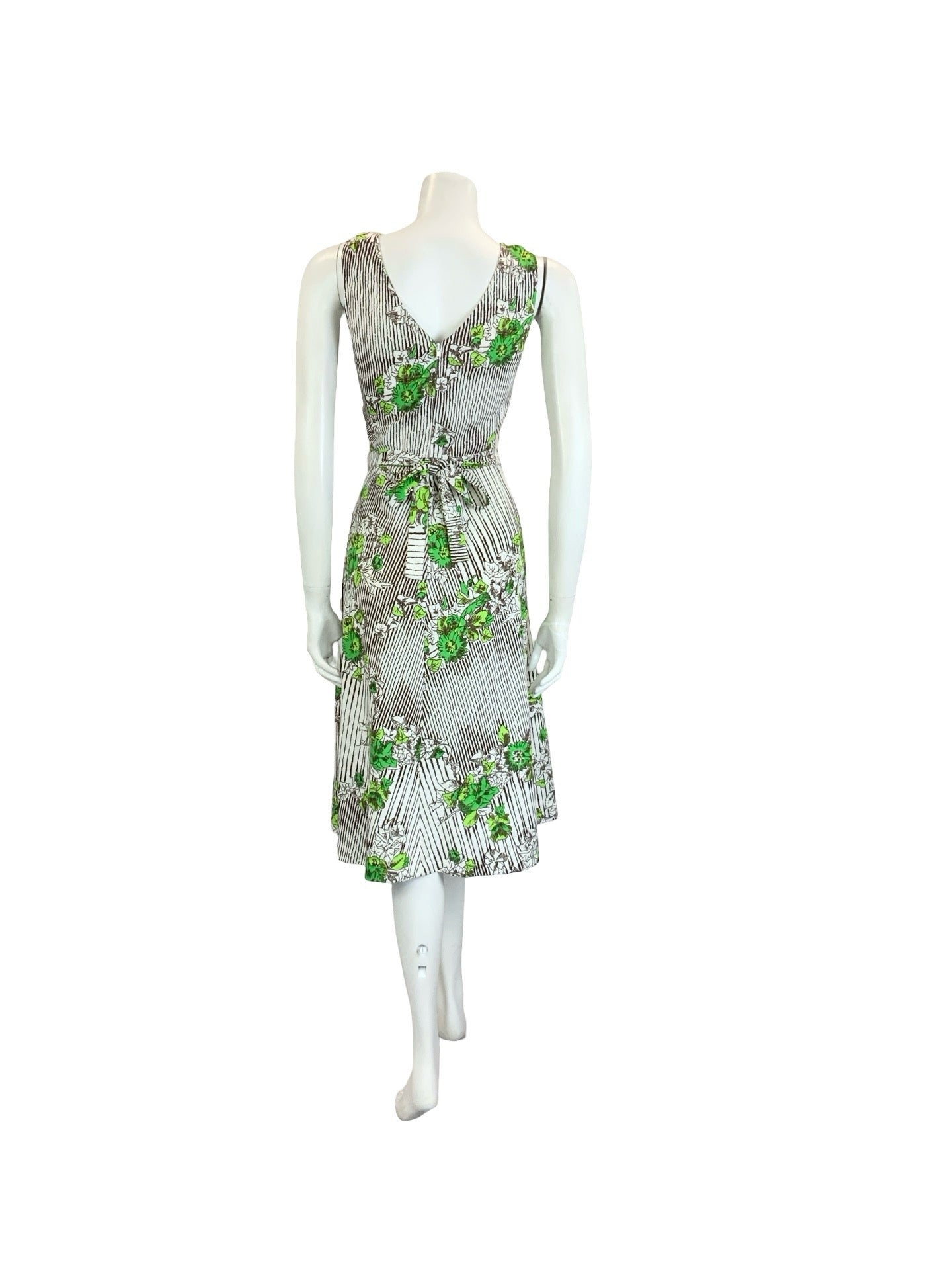 VTG 60S 70S WHITE BROWN GREEN STRIPE FLORAL IVY LEAFY TIE WAIST MIDI DRESS 10 12