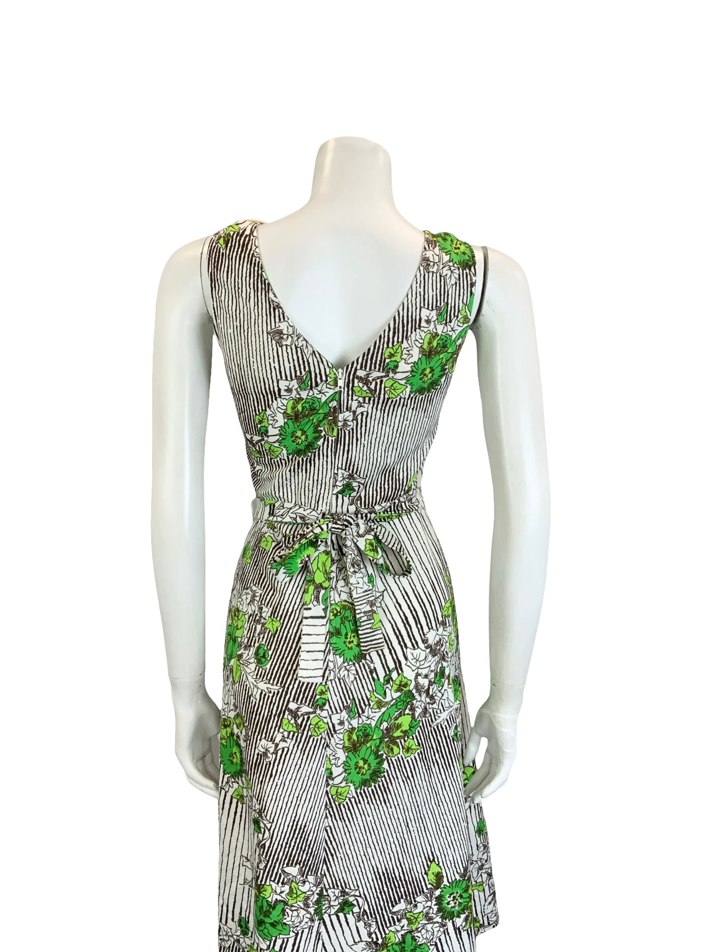 VTG 60S 70S WHITE BROWN GREEN STRIPE FLORAL IVY LEAFY TIE WAIST MIDI DRESS 10 12