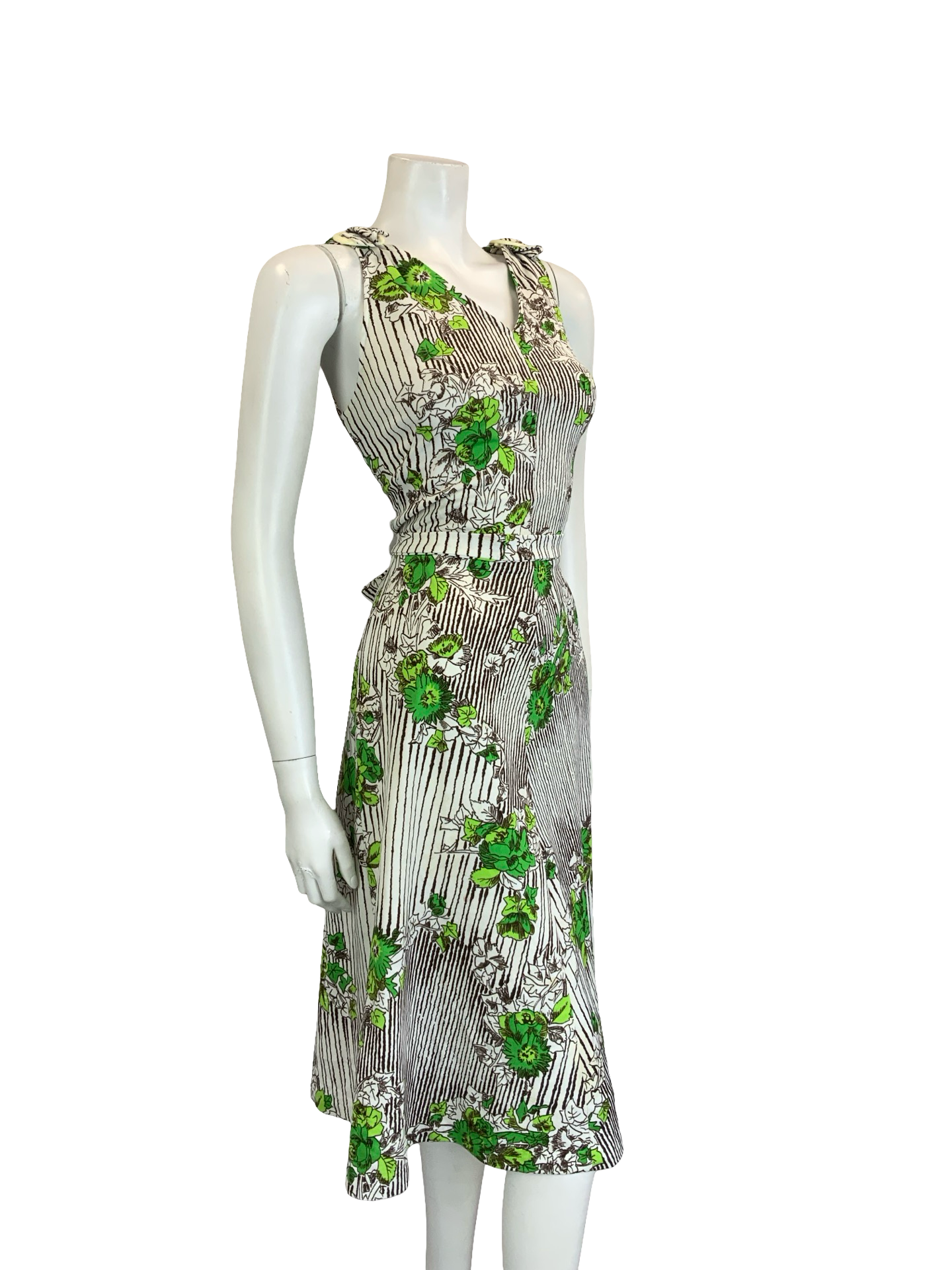 VTG 60S 70S WHITE BROWN GREEN STRIPE FLORAL IVY LEAFY TIE WAIST MIDI DRESS 10 12