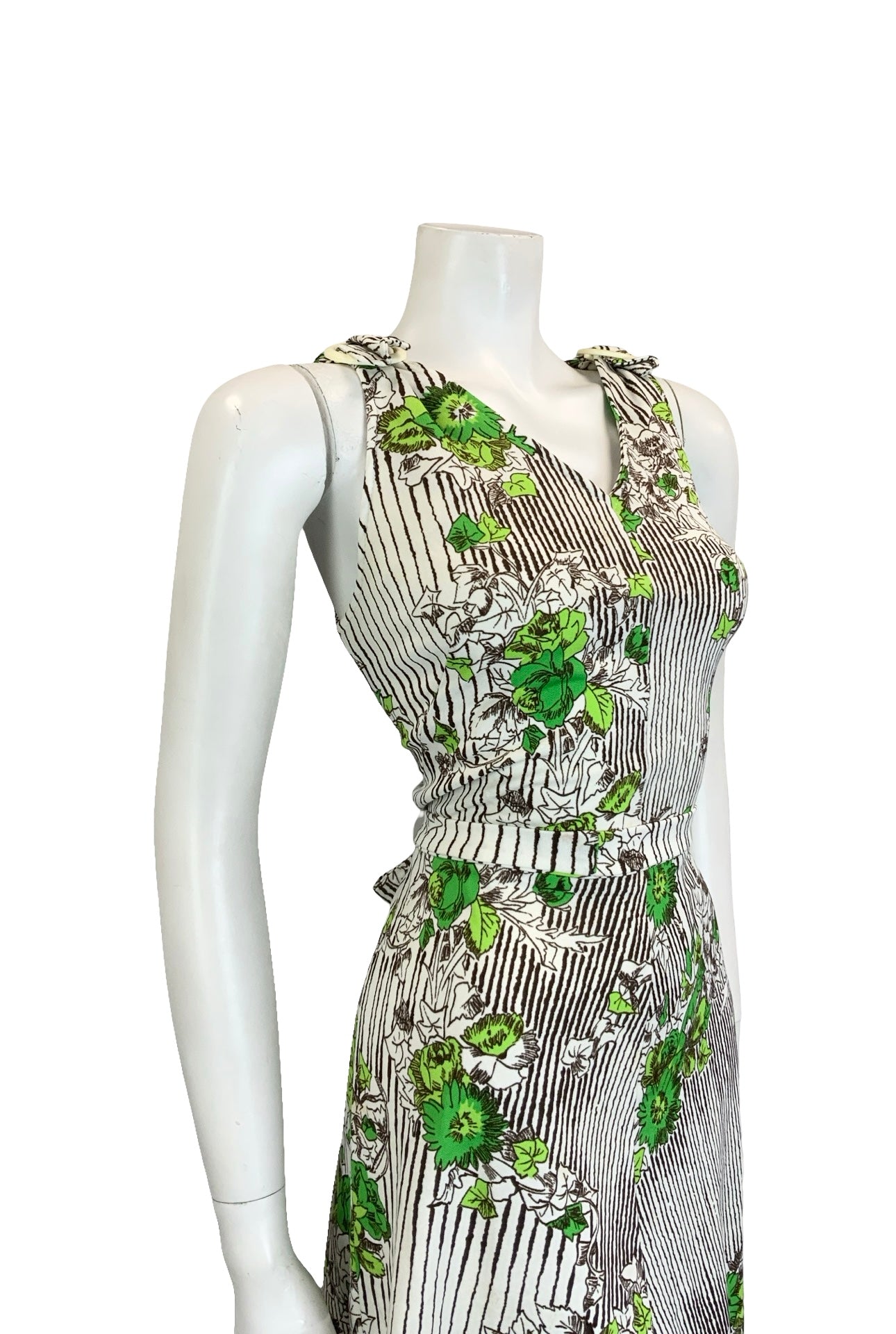VTG 60S 70S WHITE BROWN GREEN STRIPE FLORAL IVY LEAFY TIE WAIST MIDI DRESS 10 12