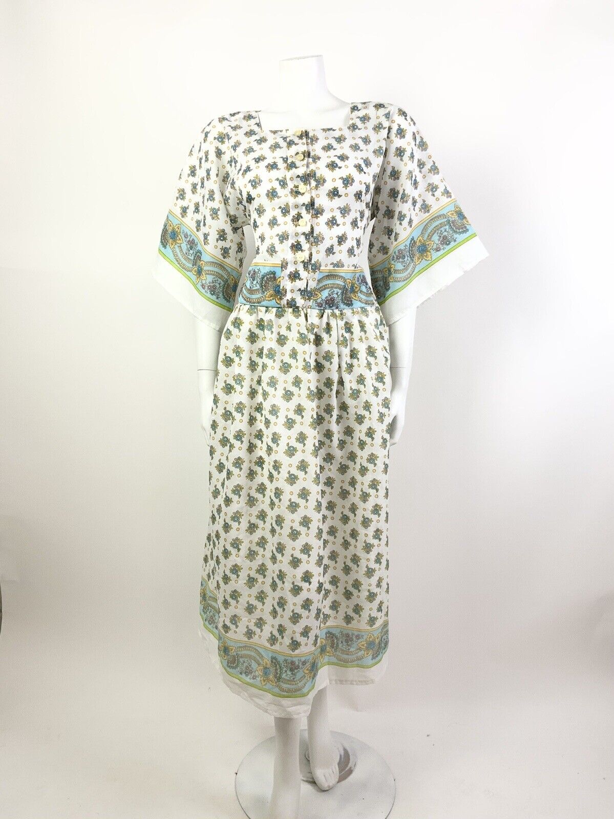 VINTAGE 60s 70s WHITE BLUE GREEN FLORAL ROSE FOLK BOHO KIMONO SLEEVE DRESS 10 12