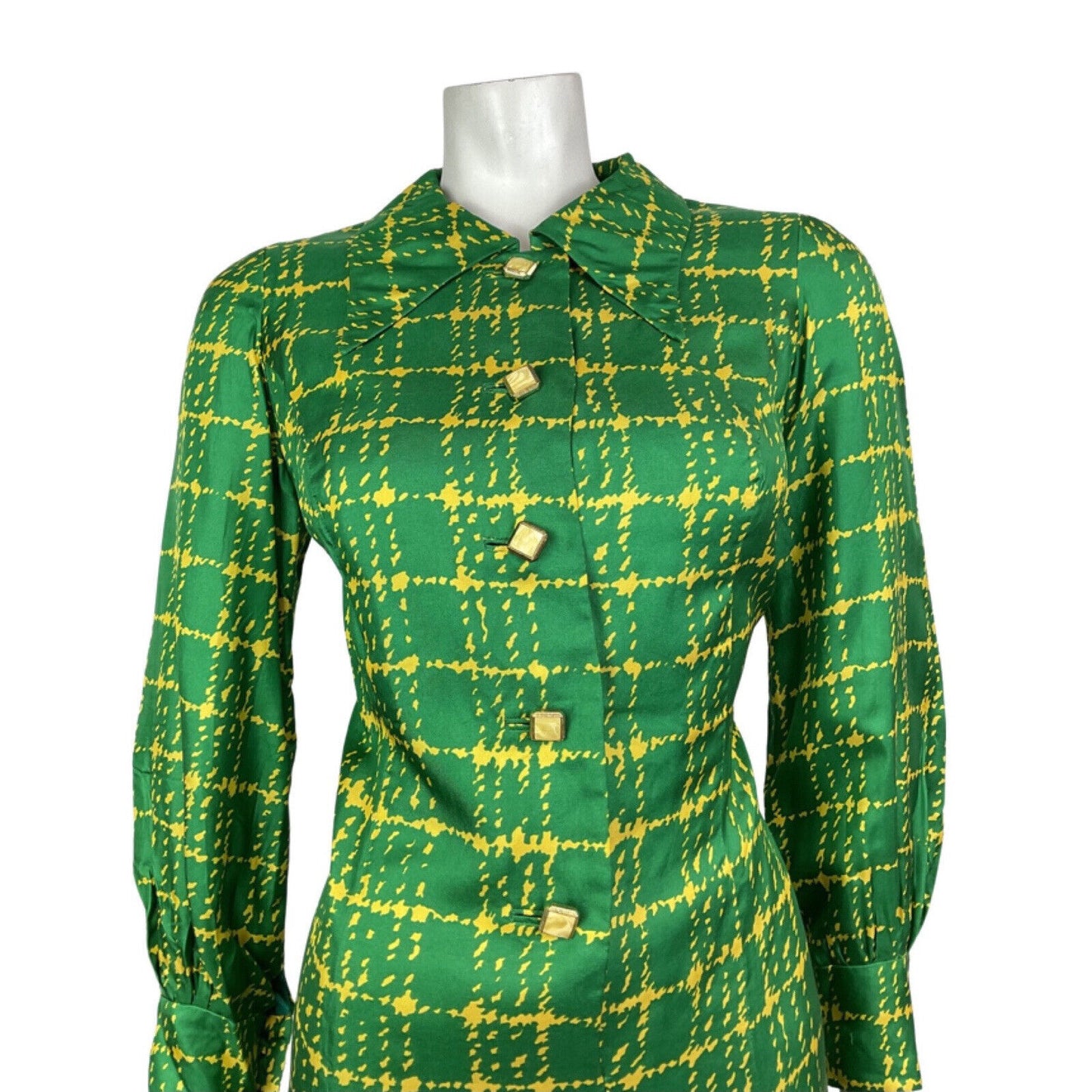 VINTAGE 60s 70s GREEN YELLOW CHECKED MOD DAGGER COLLAR SHIRT DRESS 12 14