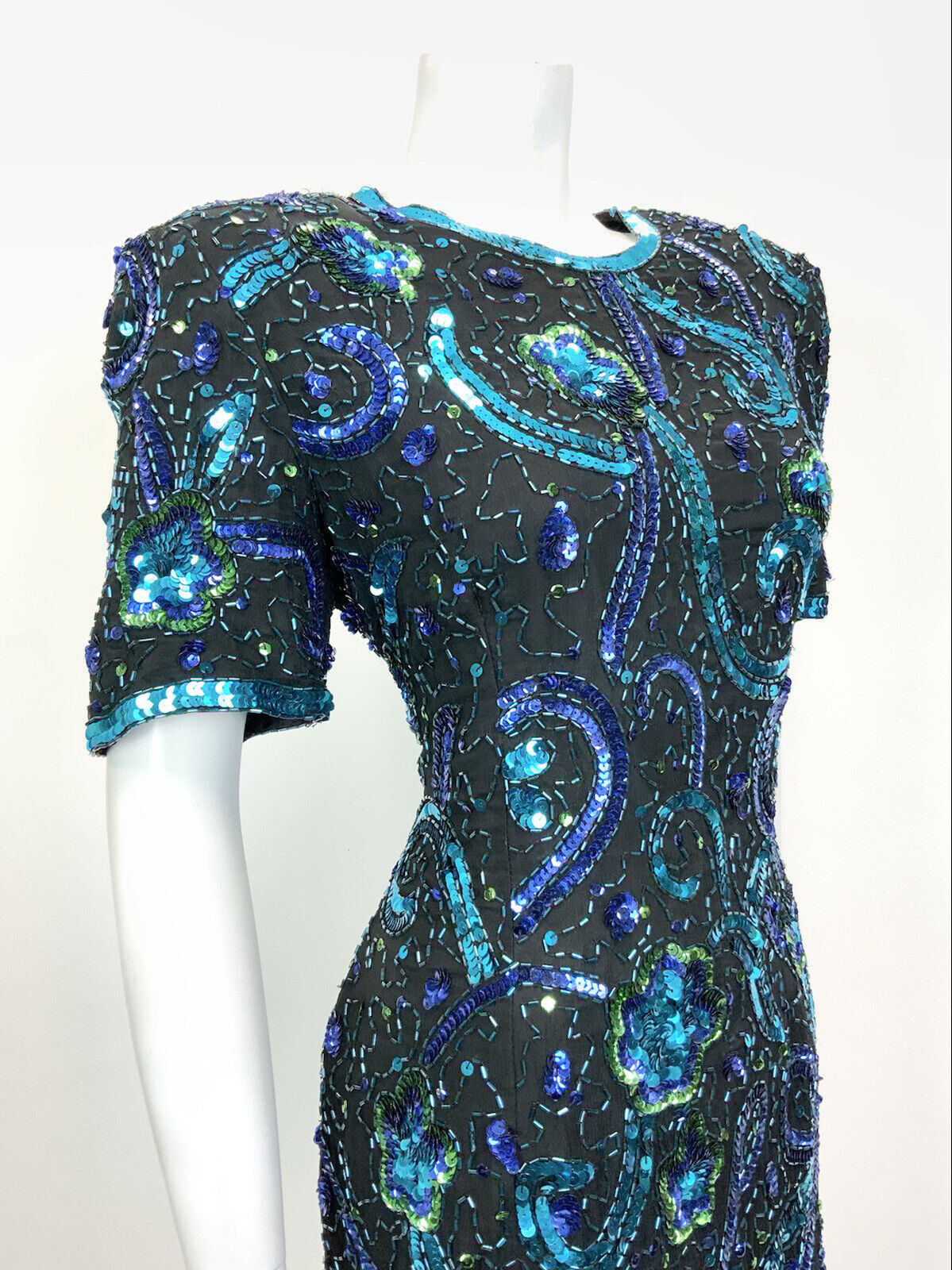 VTG 70s 80s BLACK BLUE GREEN VINE FLORAL SEQUIN DISCO STUDIO 54 PARTY DRESS 14