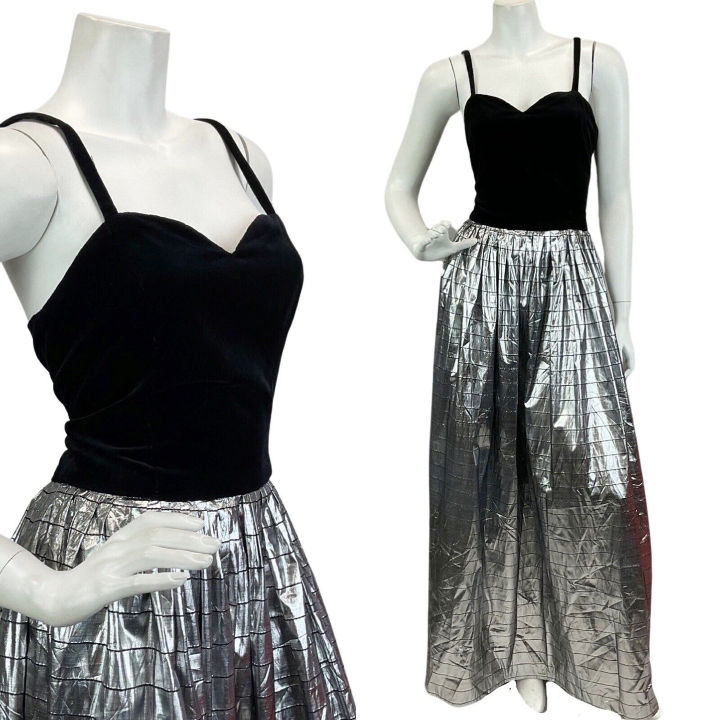 VINTAGE 70s 80s BLACK SILVER METALLIC DISCO EVENING PARTY MAXI DRESS 8 10