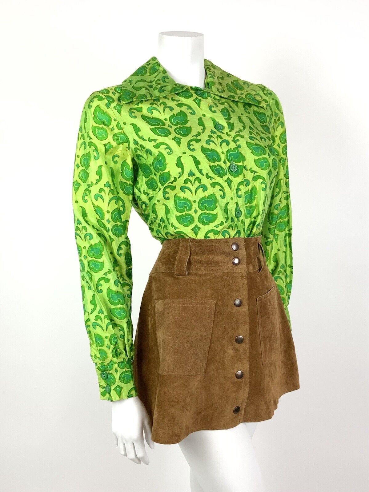 VINTAGE 60s 70s GREEN BROCADE FLORAL FOLK BOHO MOD DAGGER COLLAR SHIRT 8 10