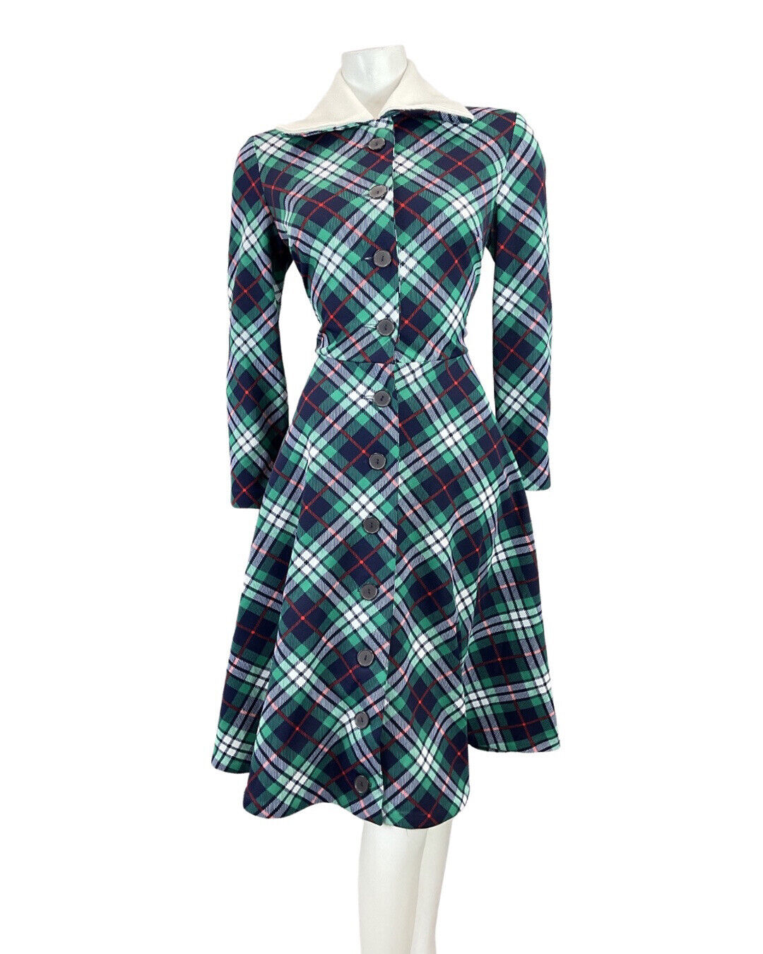 VINTAGE 60s 70s BLUE GREEN WHITE TARTAN CHECKED MOD WING COLLAR SHIRT DRESS 12