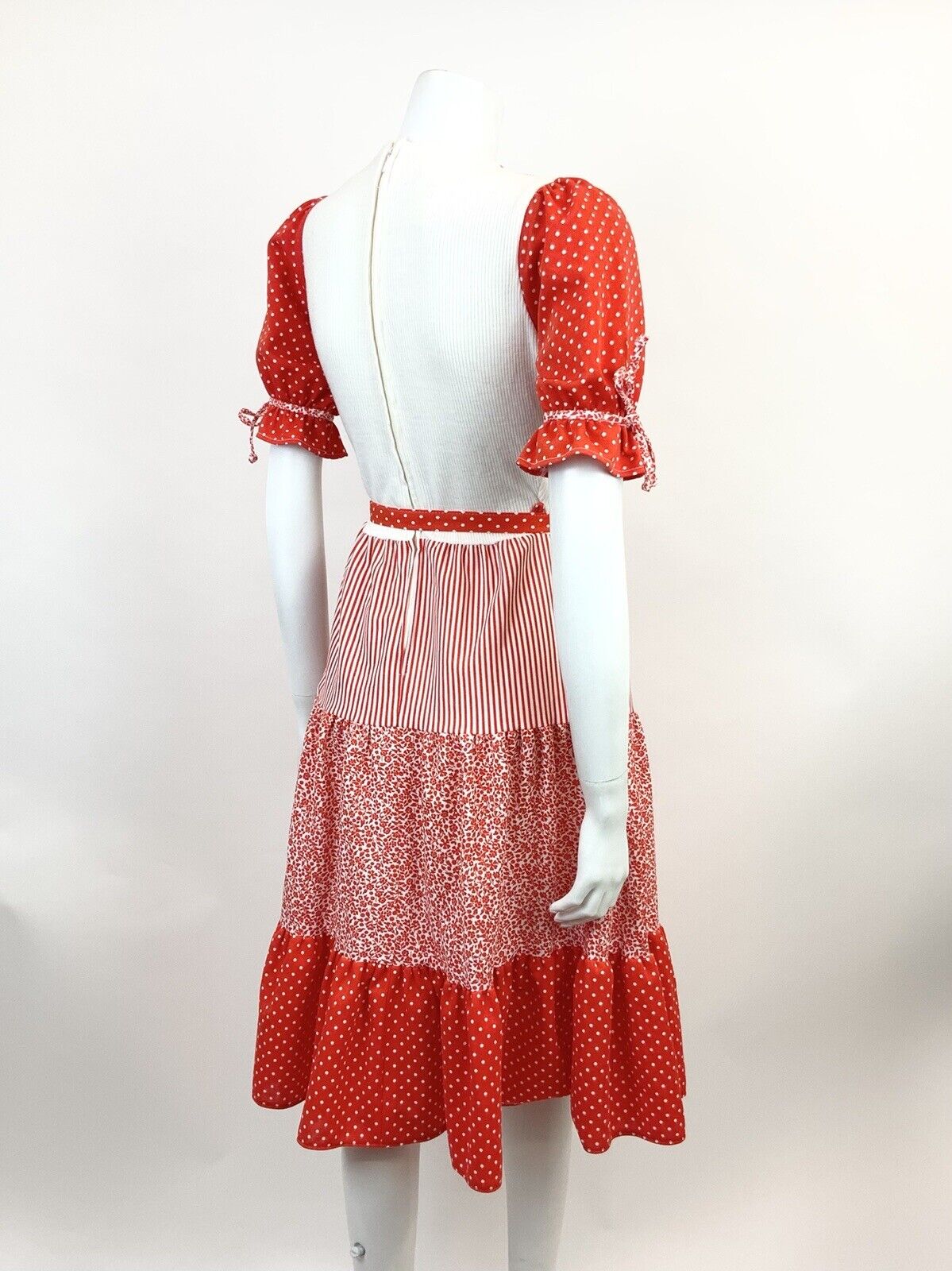 VTG 60s 70s RED WHITE STRIPE DOTTY FLORAL PRAIRIE FOLK PUFF SLEEVE DRESS 10 12