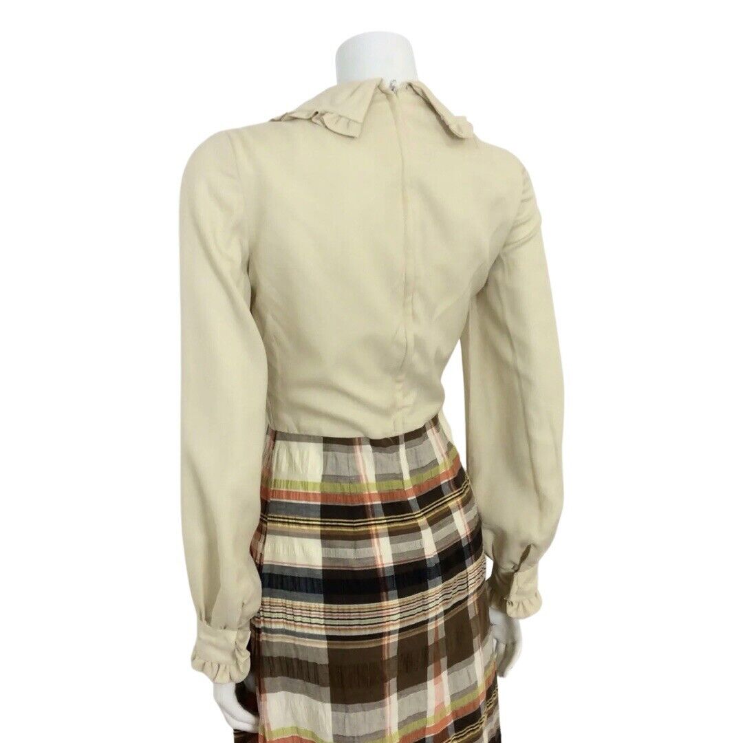 VINTAGE 60S CREAM BROWN PLAID TARTAN MOD MAD MEN SECRETARY SHIRT DRESS 8 10