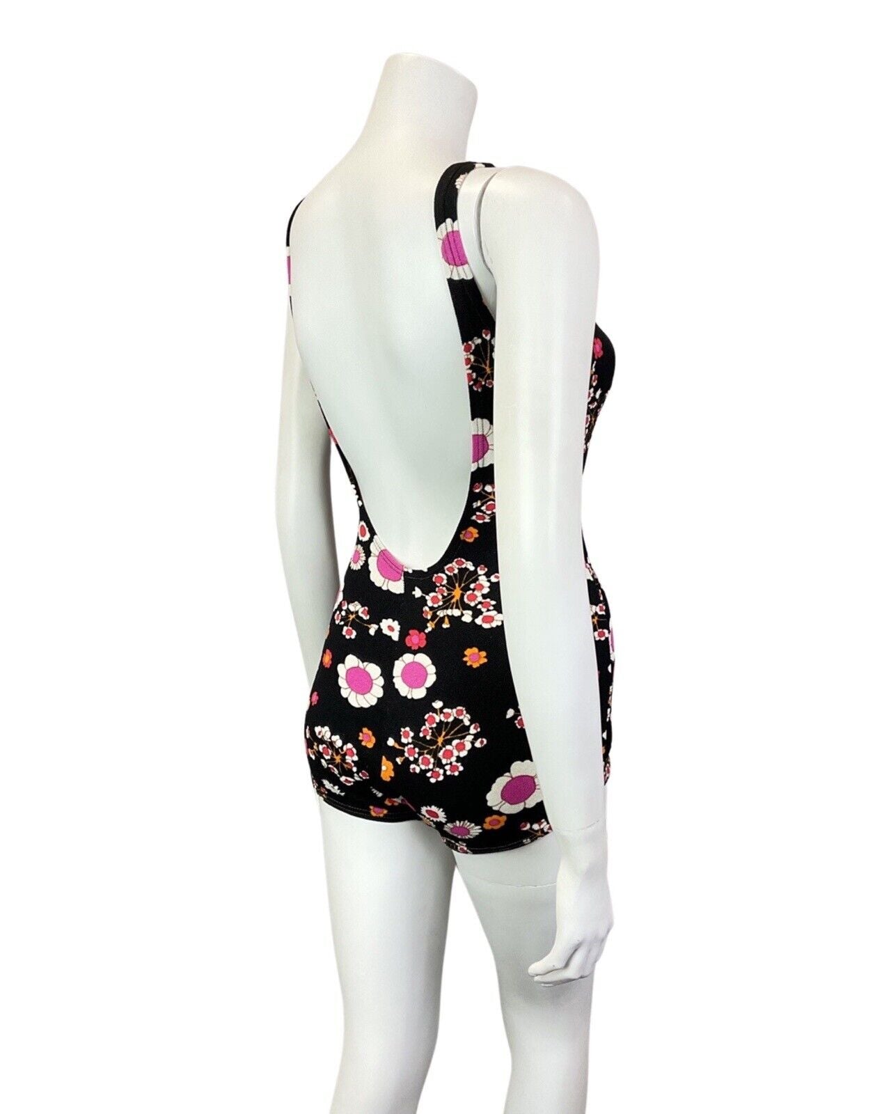 VINTAGE 60s 70s BLACK PINK WHITE DAISY FLOWER MOD SWIMSUIT BODYSUIT 10 12