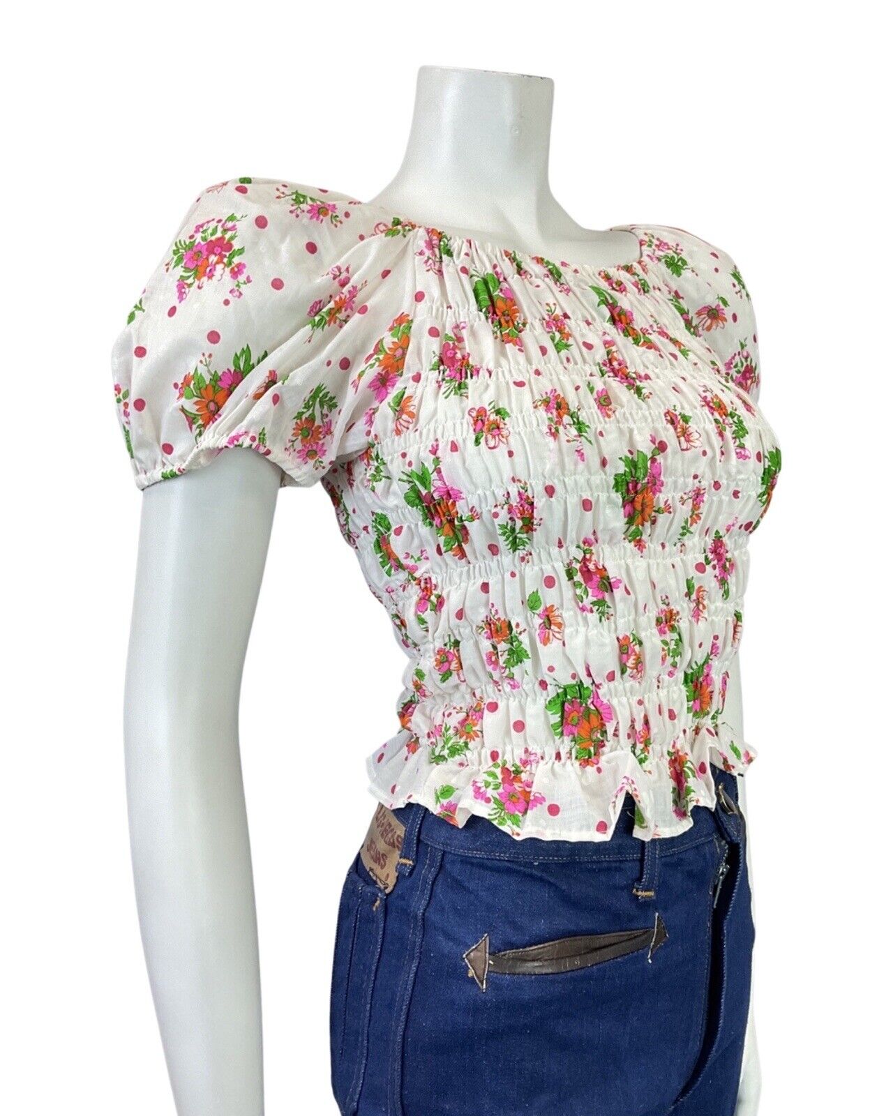 VINTAGE 70s WHITE PINK GREEN FLORAL DITTY SHIRRED PUFF-SLEEVE BOHO FOLK BLOUSE 6