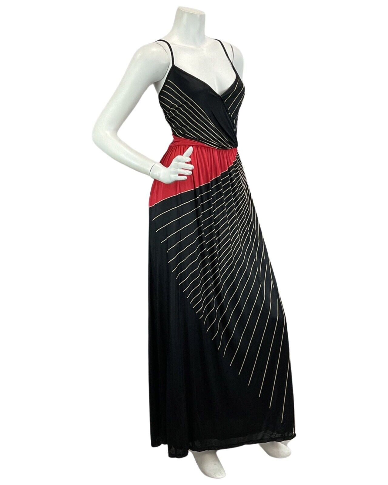 VINTAGE 60s 70s BLACK RED GOLD ABSTRACT PRINT DISCO BOHO FOLK MAXI DRESS 10