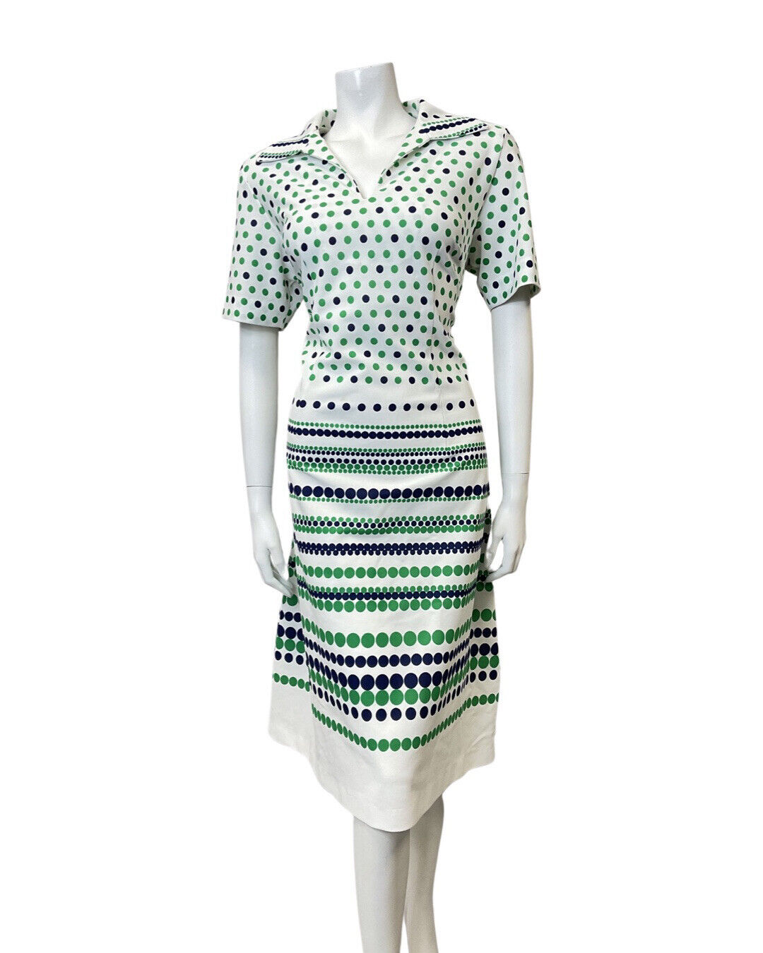 VINTAGE 60s 70s WHITE GREEN BLUE POLKA-DOT STRIPED MOD SHIRT DRESS 14 16