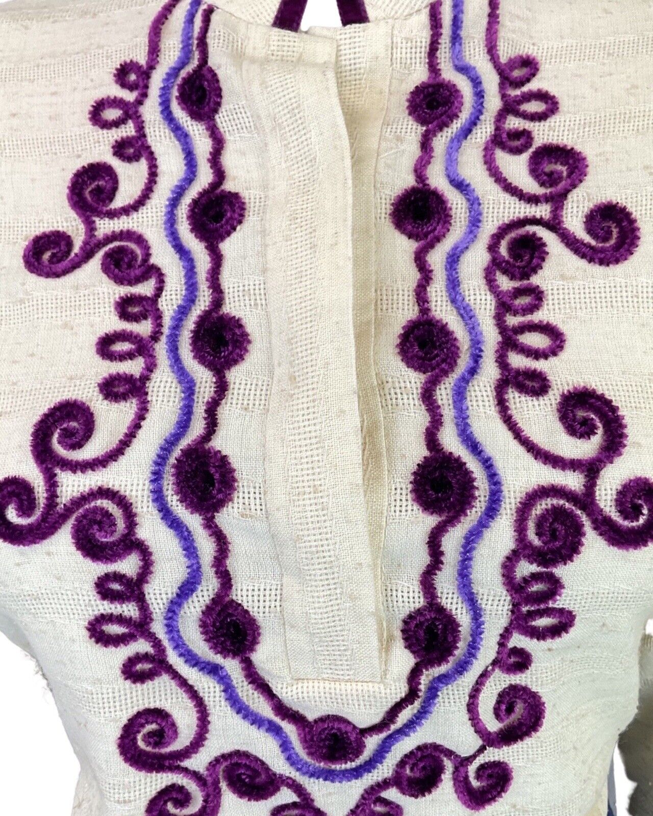 VINTAGE 70s CREAM PURPLE WINE VELVET SWIRL LUCIE LINDEN BOHO BLOUSE 12 14