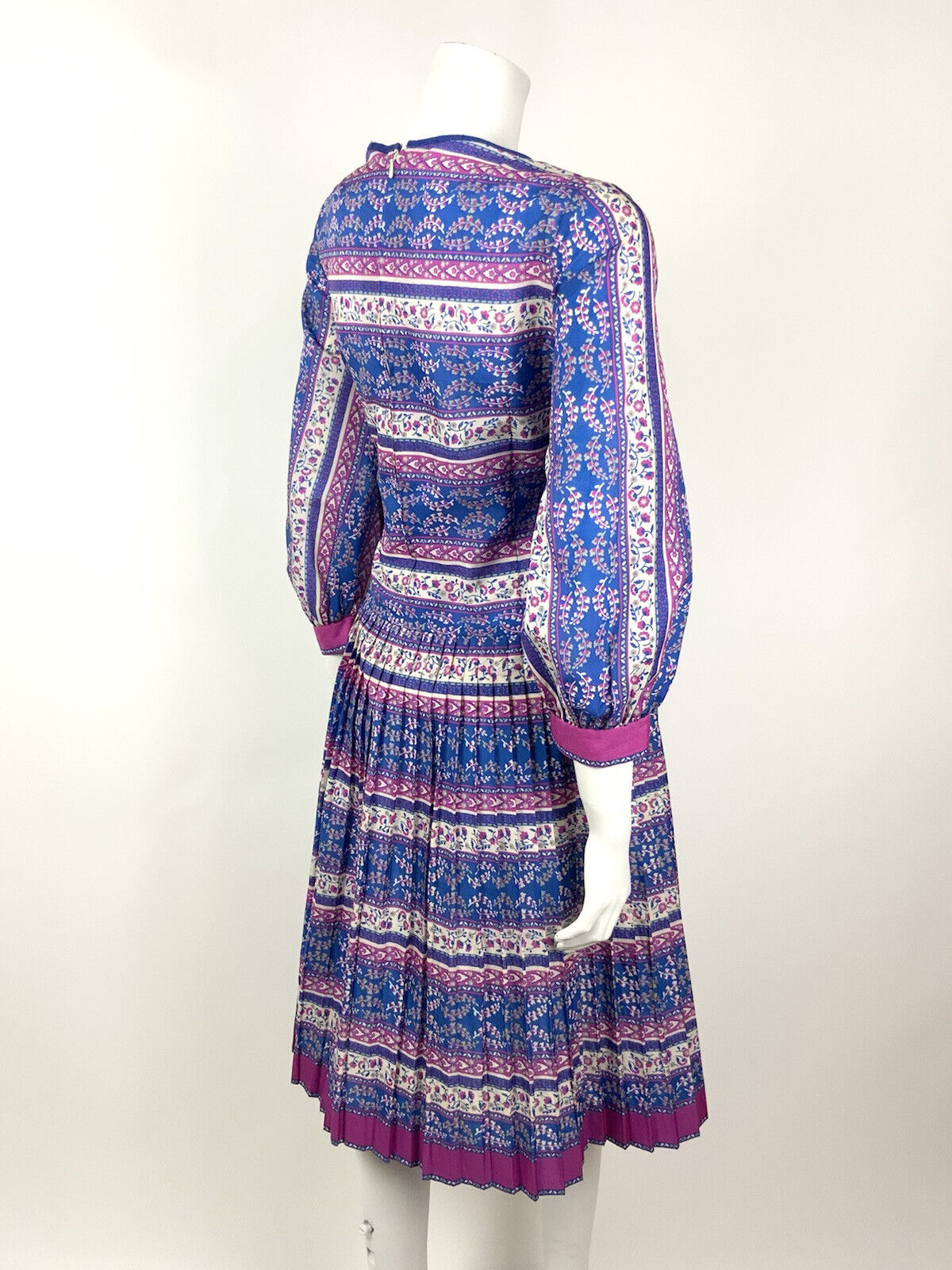 VTG 60s 70s BLUE PINK WHITE FLORAL STRIPED GYPSY BOHO FOLK PLEATED DRESS 14 16