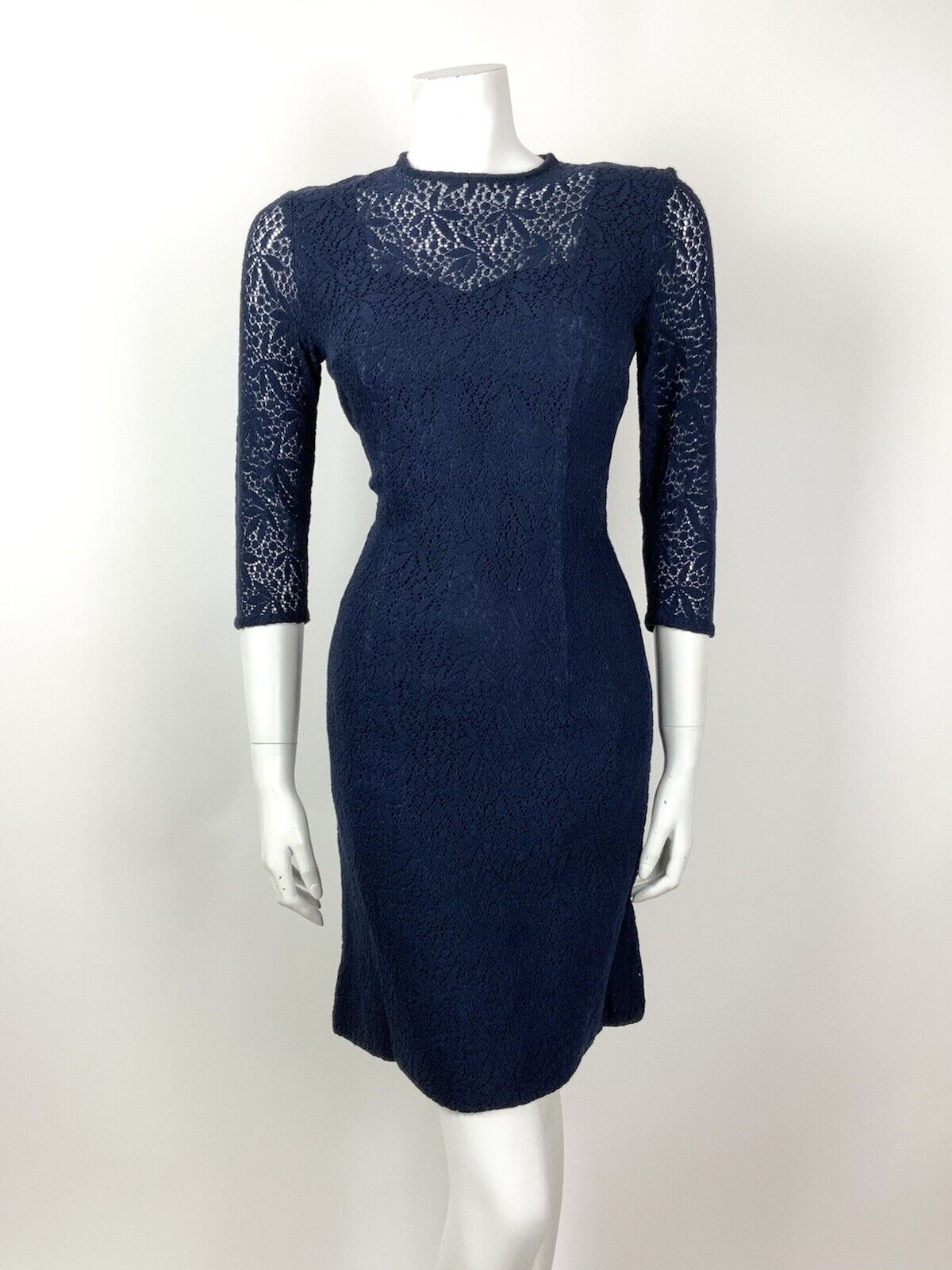 VINTAGE 60s 70s NAVY BLUE FLORAL LACE MOD PENCIL DRESS 12 14