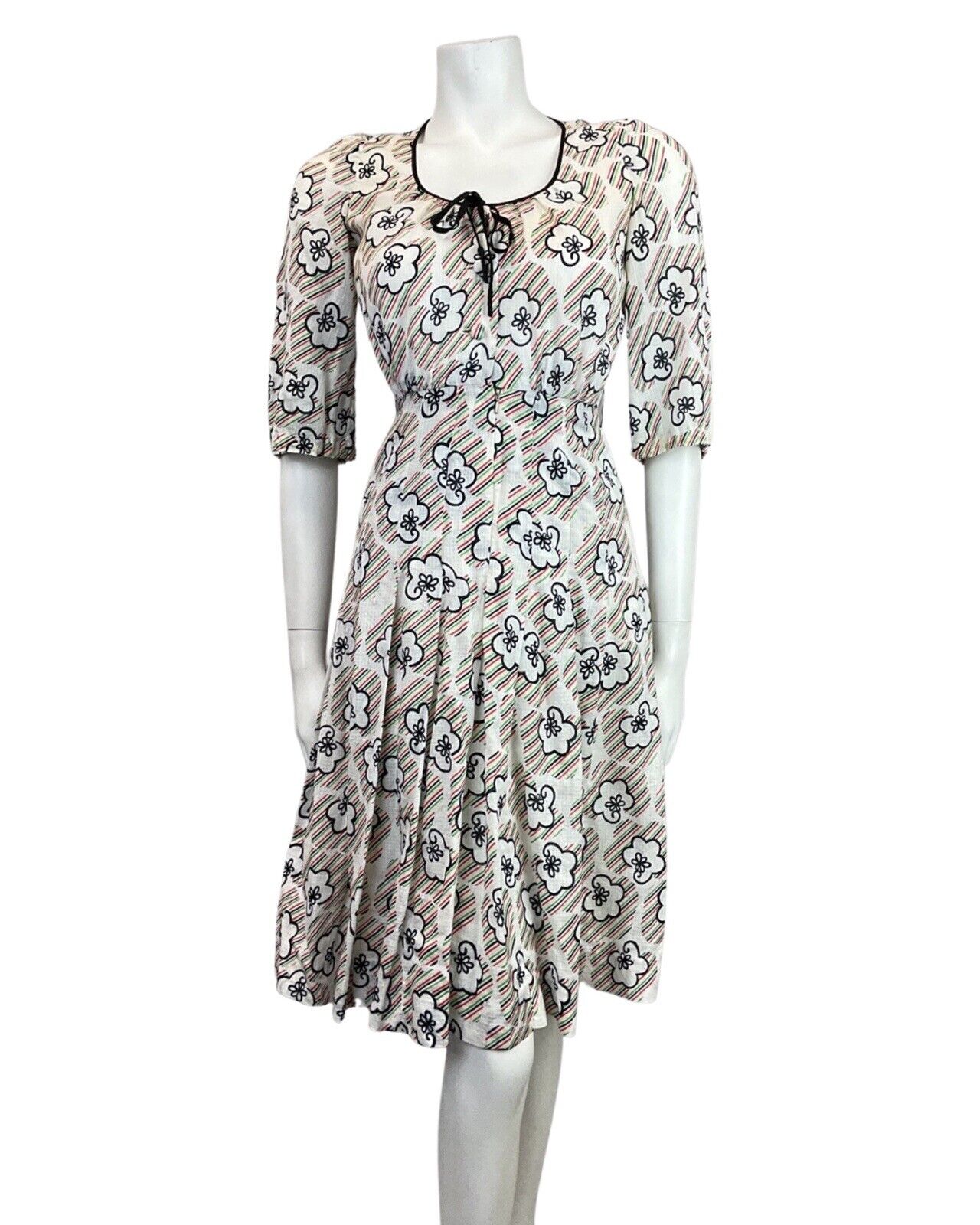 VINTAGE 60s 70s WHITE BLACK RED GREEN STRIPED FLORAL MOD SUMMER DRESS 6