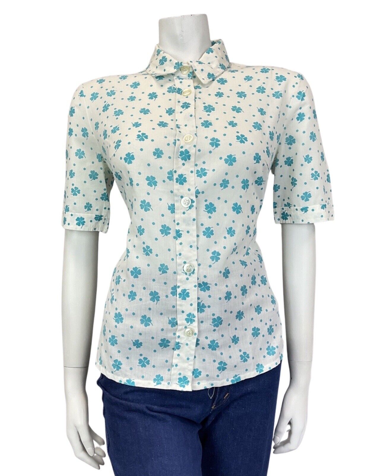 VINTAGE 60s 70s WHITE BLUE POLKA DOT CLOVER MOD SHORT SLEEVE SHIRT 12 14