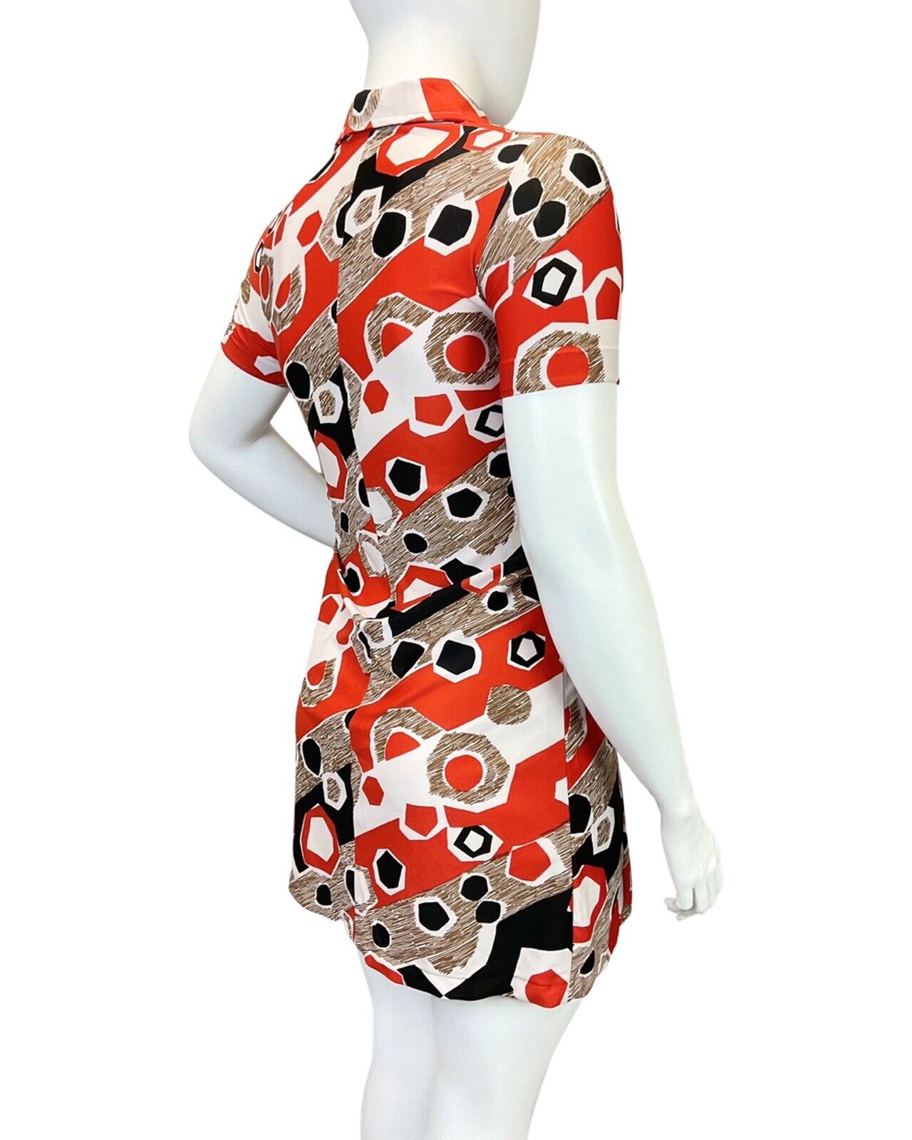 VTG 60s 70s RED WHITE BROWN BLACK GEOMETRIC ZIP-UP MOD SPOON SHIRT DRESS 14 16