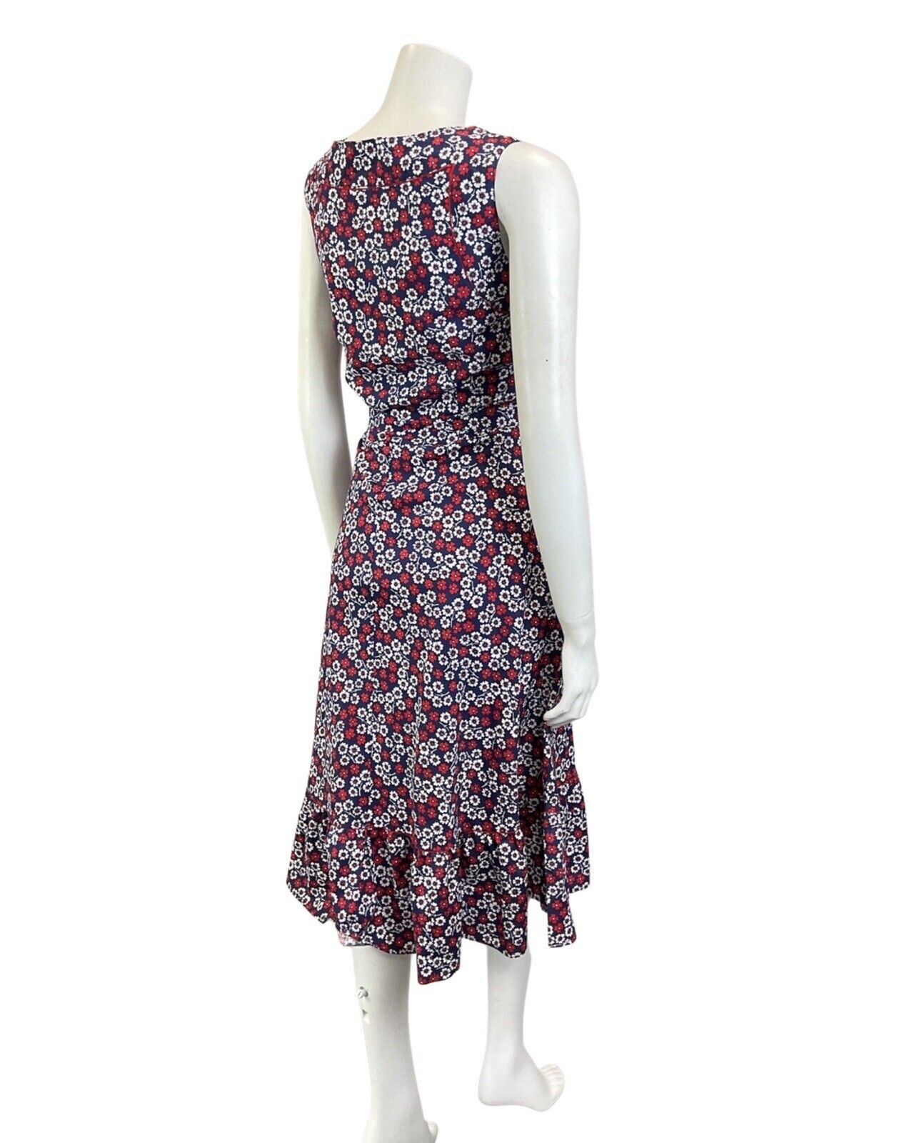VINTAGE 60s 70s BLUE RED WHITE DAISY FLOWER SLEEVELESS SWING SUMMER DRESS 8