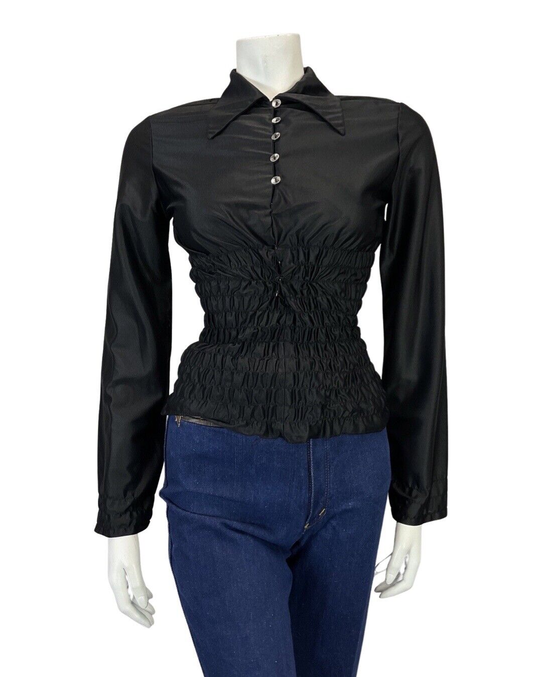 VINTAGE 60s 70s BLACK DAGGER COLLAR CROPPED SHIRRED MOD DISCO BLOUSE TOP 6