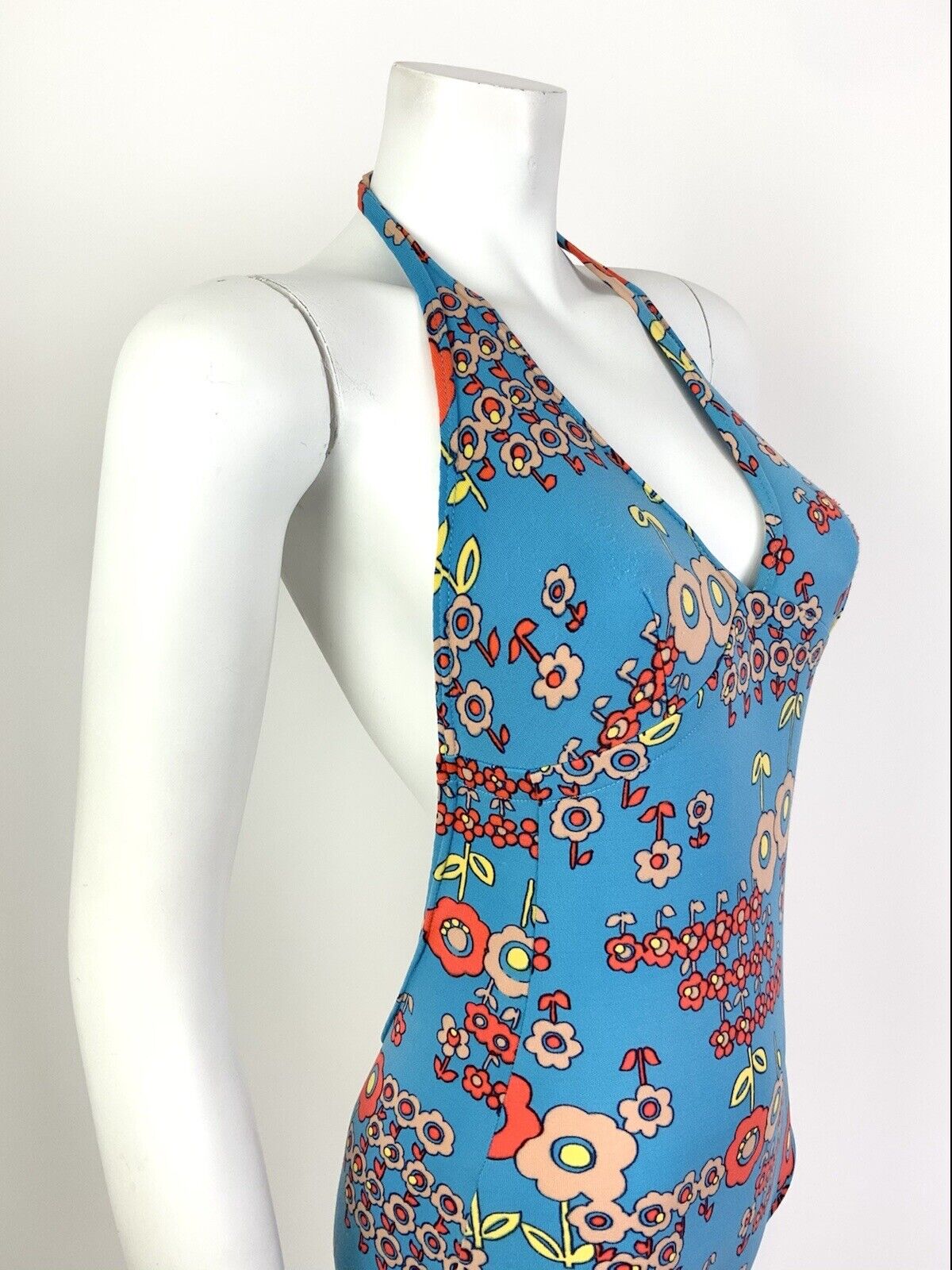 VTG 60s 70s BLUE ORANGE FLORAL DAISY MOD PSYCHEDELIC BATHING SWIM SUIT 8 10