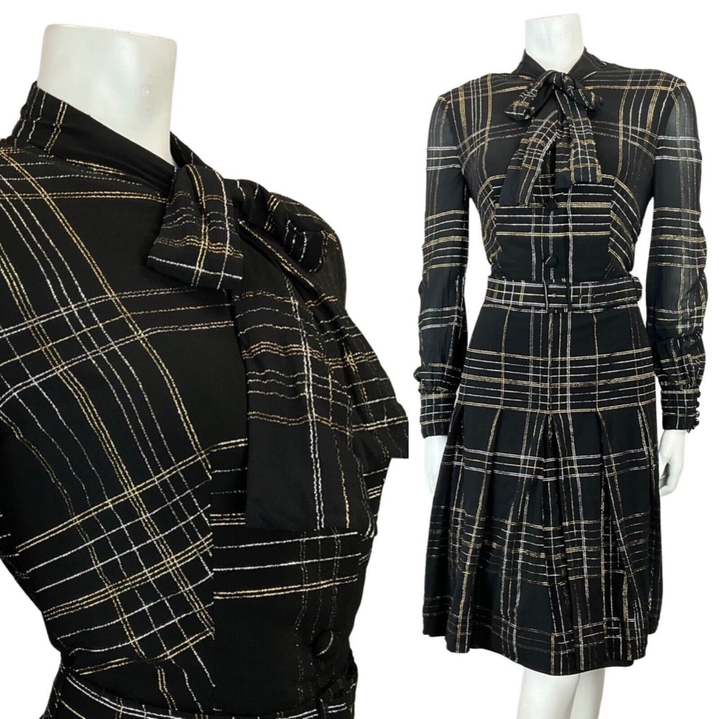VINTAGE 60s 70s BLACK GOLD SILVER CHECKED MOD SHEER PUSSYBOW SHIRT DRESS 12