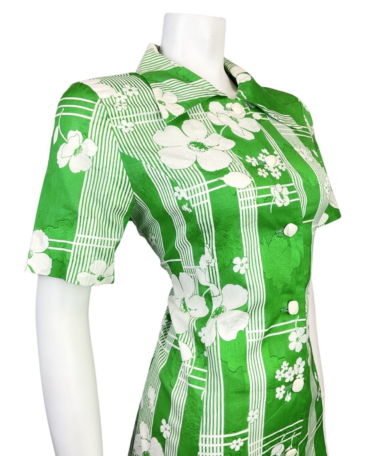 VINTAGE 70s APPLE GREEN WHITE STRIPED FLORAL MOD DAGGER SHIRT DRESS 12 14