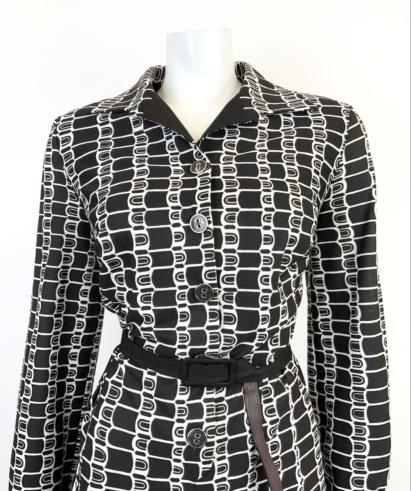 VINTAGE 60s 70s DARK BROWN WHITE GEOMETRIC BELTED SHIRT MIDI DRESS 14 16
