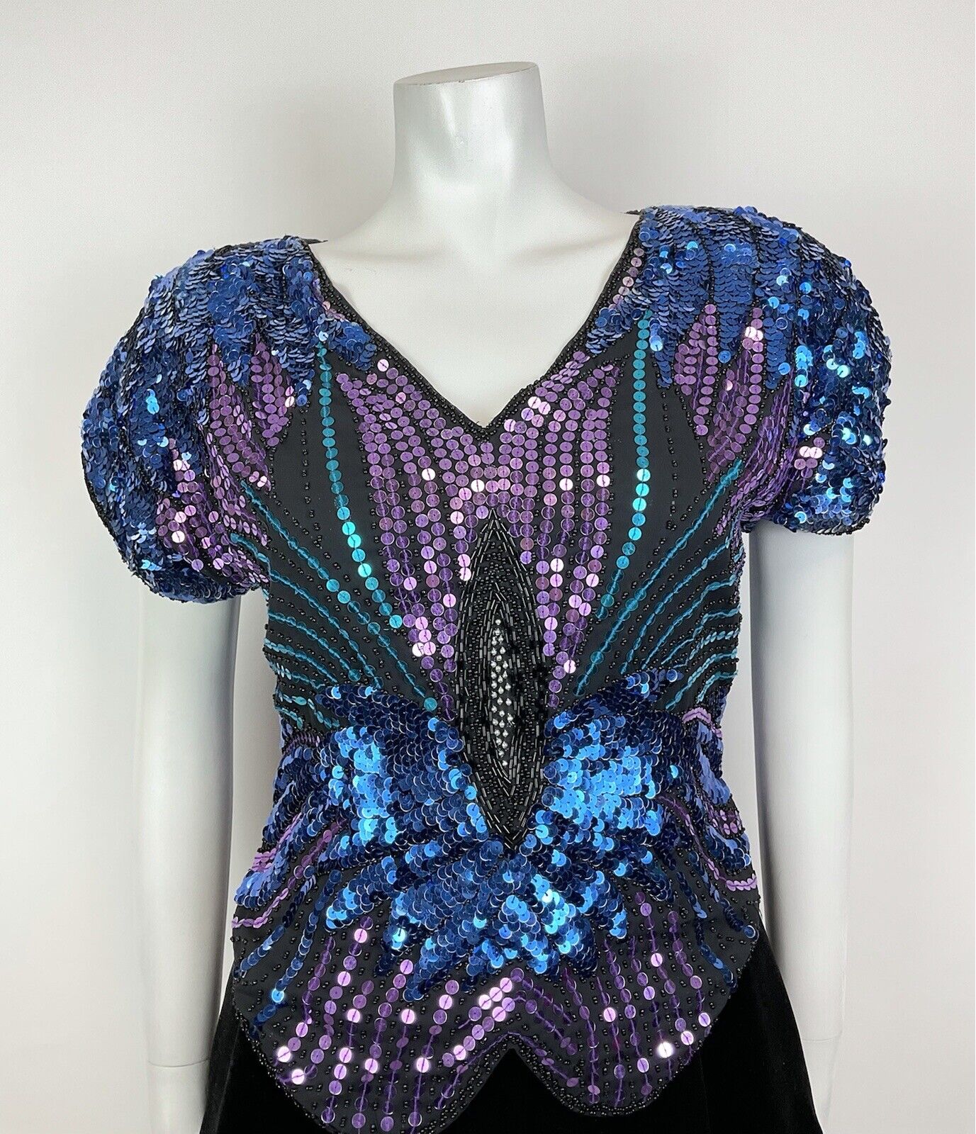 VINTAGE 70s BLUE PURPLE TEAL SEQUIN FLORAL STUDIO 54 DISCO GLAM BLOUSE TOP 8