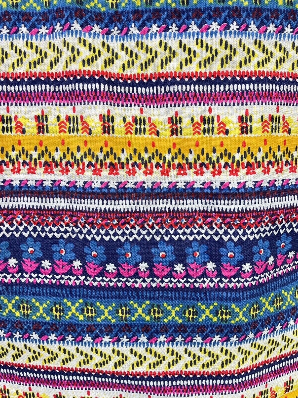 VTG 70s BLUE YELLOW PINK STRIPED DAISY GEOMETRIC PUFF SLEEVE BOHO BLOUSE 12 14