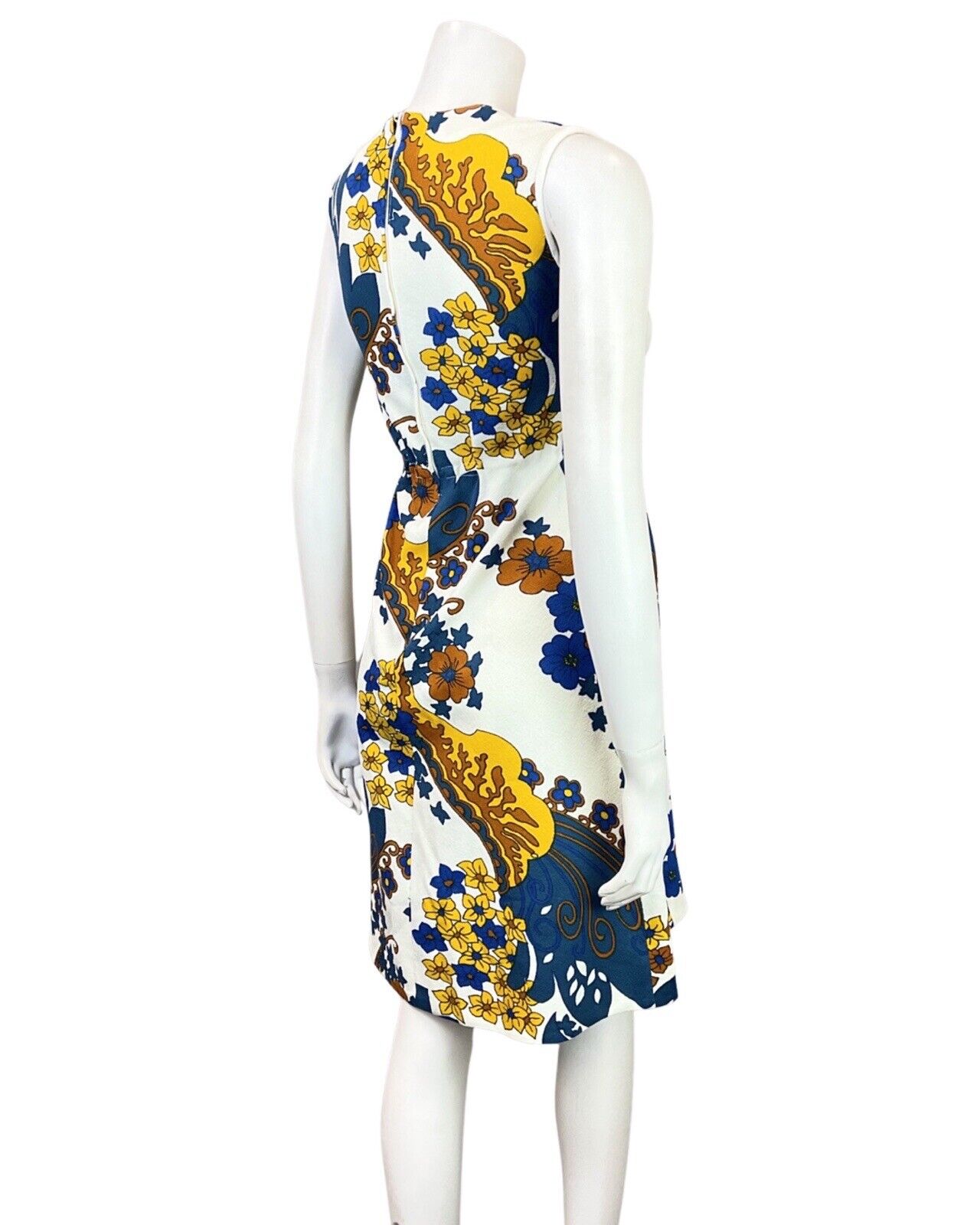 VINTAGE 60s 70s WHITE BLUE YELLOW PSYCHEDELIC FLORAL SLEEVELESS MOD DRESS 6