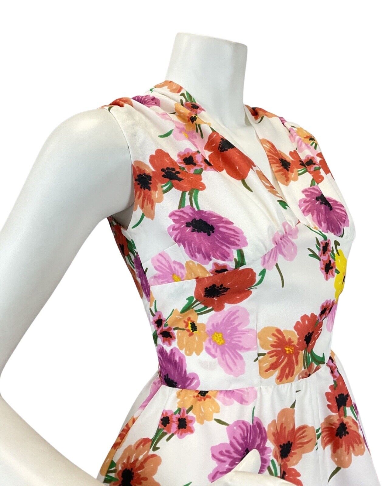 VINTAGE 60s 70s WHITE PURPLE RED FLORAL DAISY POPPY SLEEVELESS MAXI DRESS 8 10