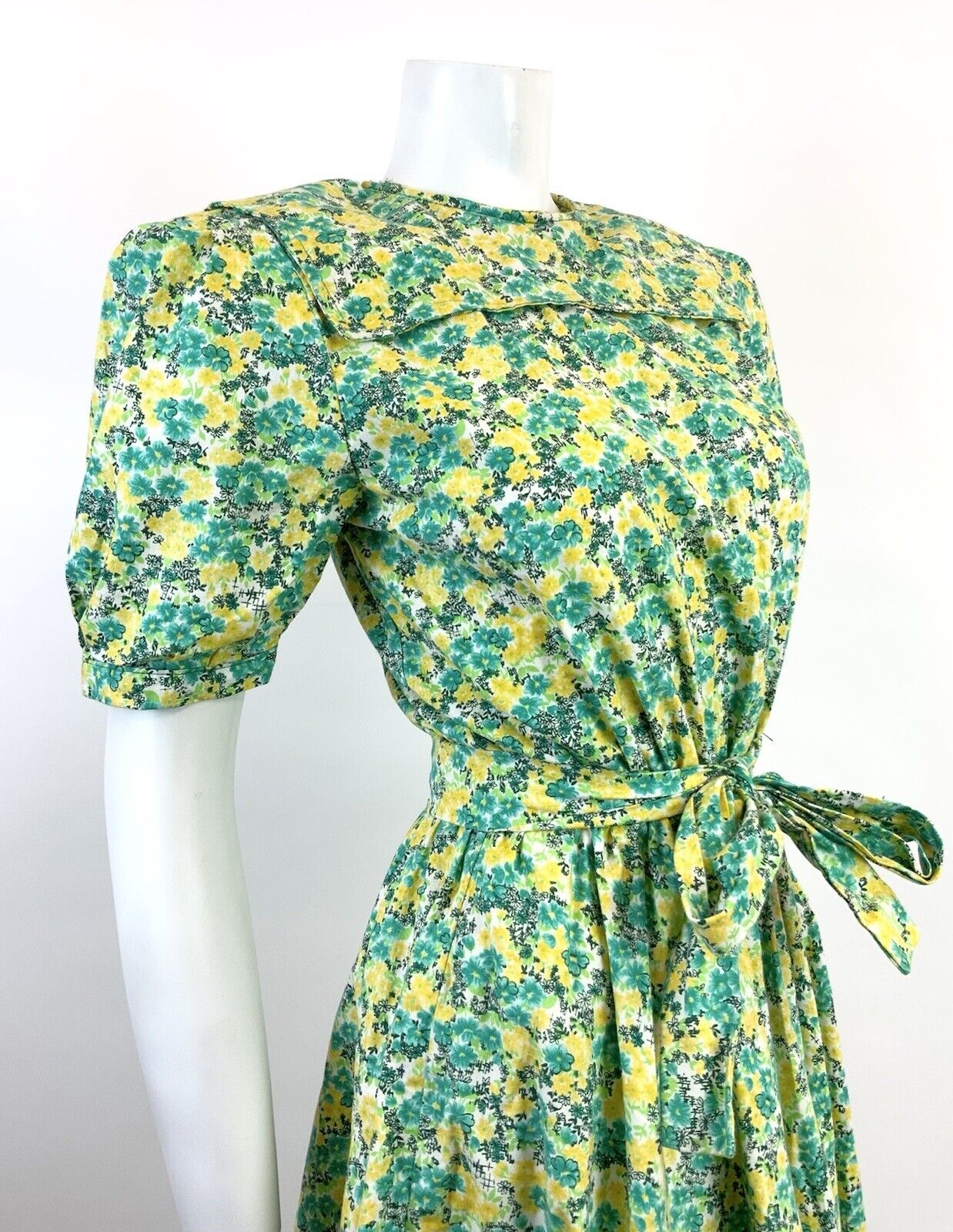 VINTAGE 60s 70s GREEN YELLOW WHITE FLORAL DITSY PRAIRIE FOLK SWING DRESS 8 10