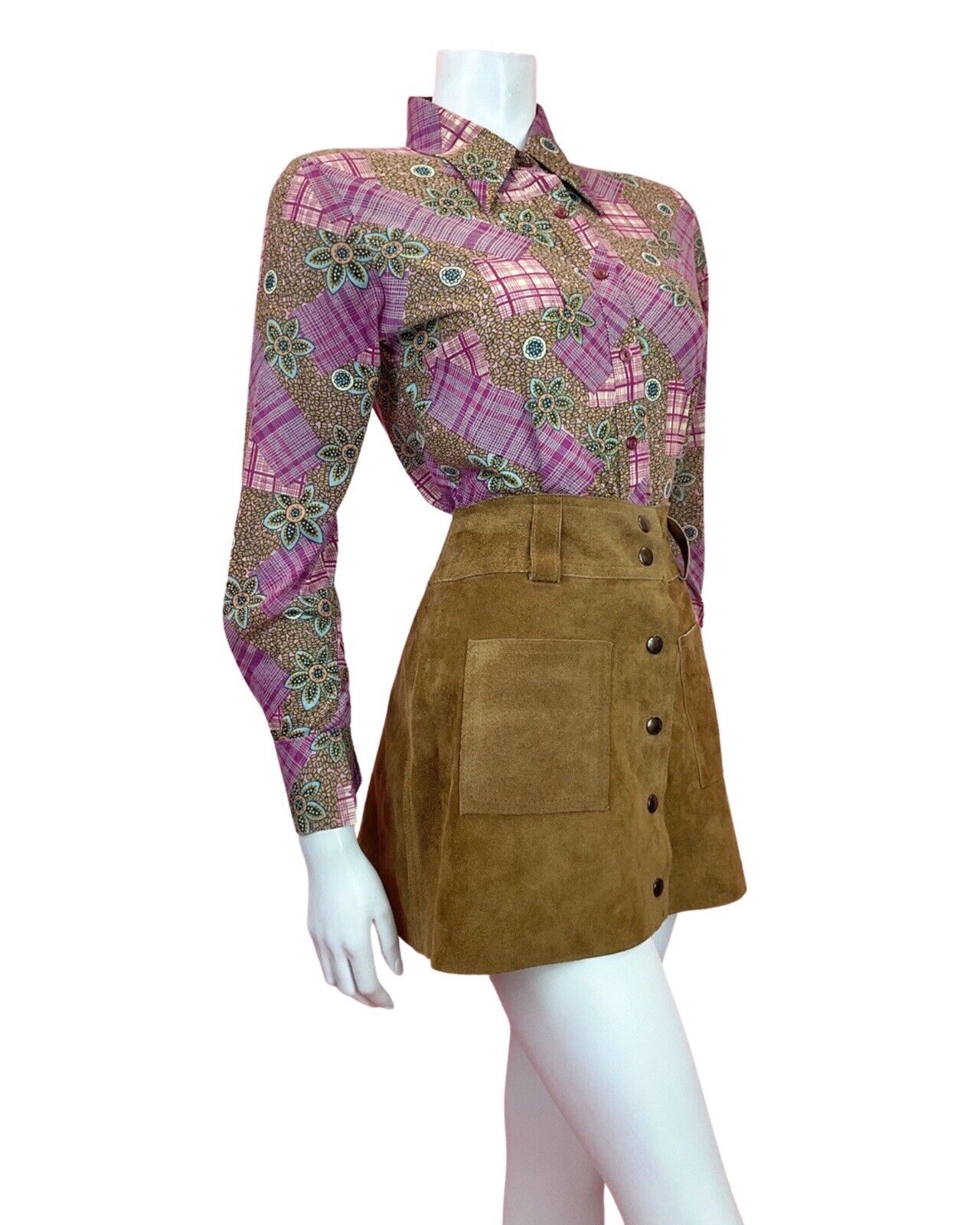 VINTAGE 60s 70s PURPLE GOLD BLUE PATCHWORK FLORAL CHECKED MOD DAGGER SHIRT 12 14